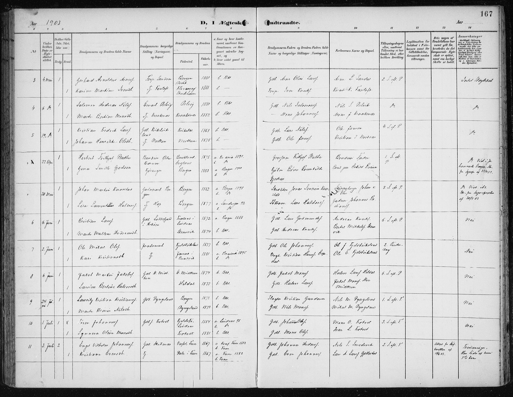 Fana Sokneprestembete, SAB/A-75101/H/Haa/Haai/L0003: Parish register (official) no. I 3, 1900-1912, p. 167