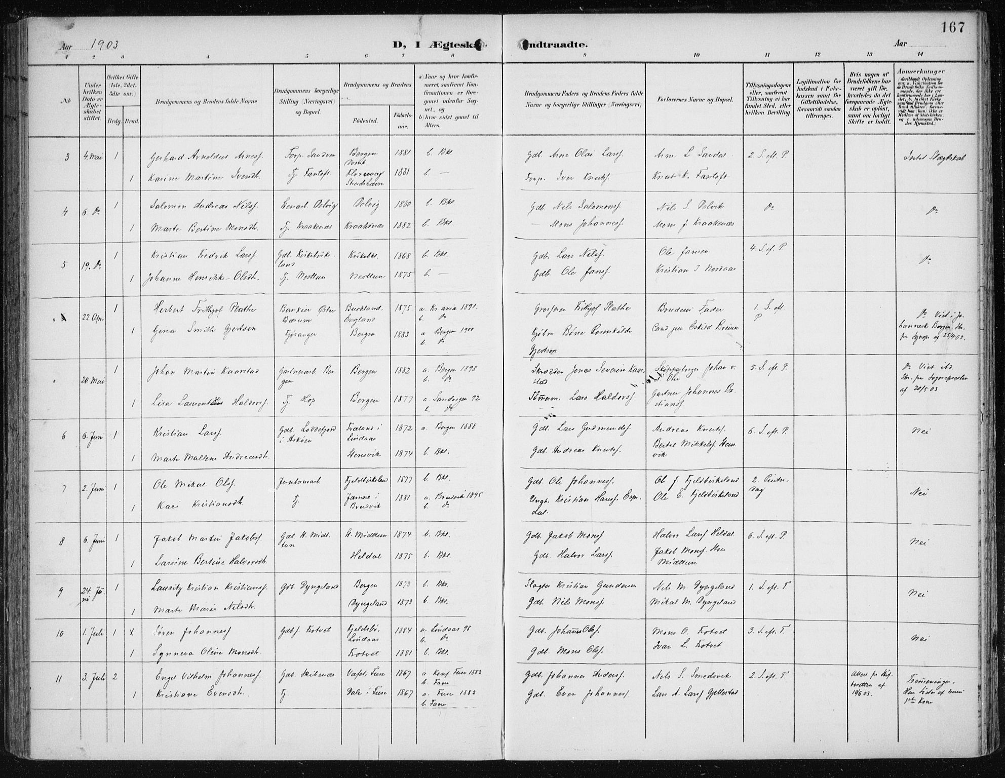 Fana Sokneprestembete, AV/SAB-A-75101/H/Haa/Haai/L0003: Parish register (official) no. I 3, 1900-1912, p. 167