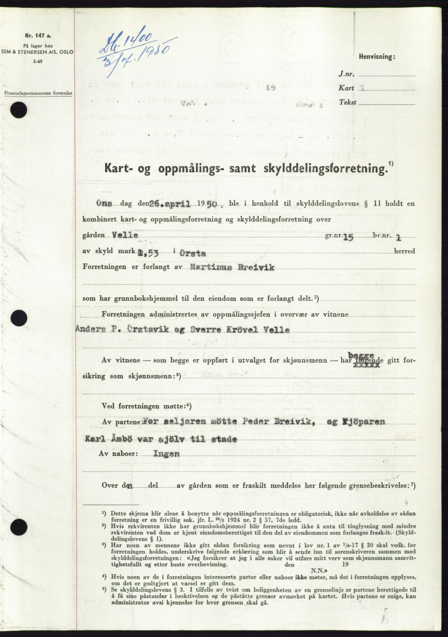 Søre Sunnmøre sorenskriveri, AV/SAT-A-4122/1/2/2C/L0087: Mortgage book no. 13A, 1950-1950, Diary no: : 1400/1950