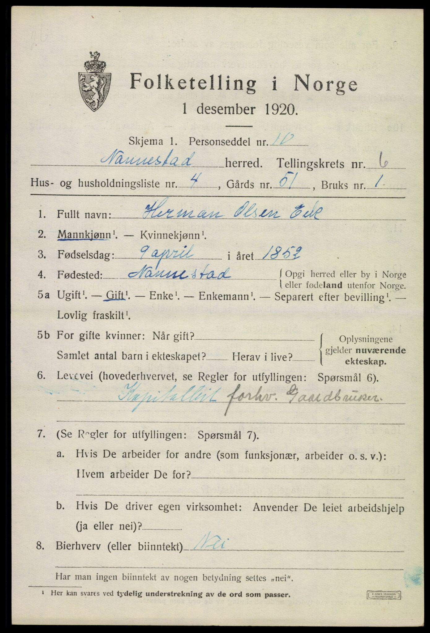 SAO, 1920 census for Nannestad, 1920, p. 7612