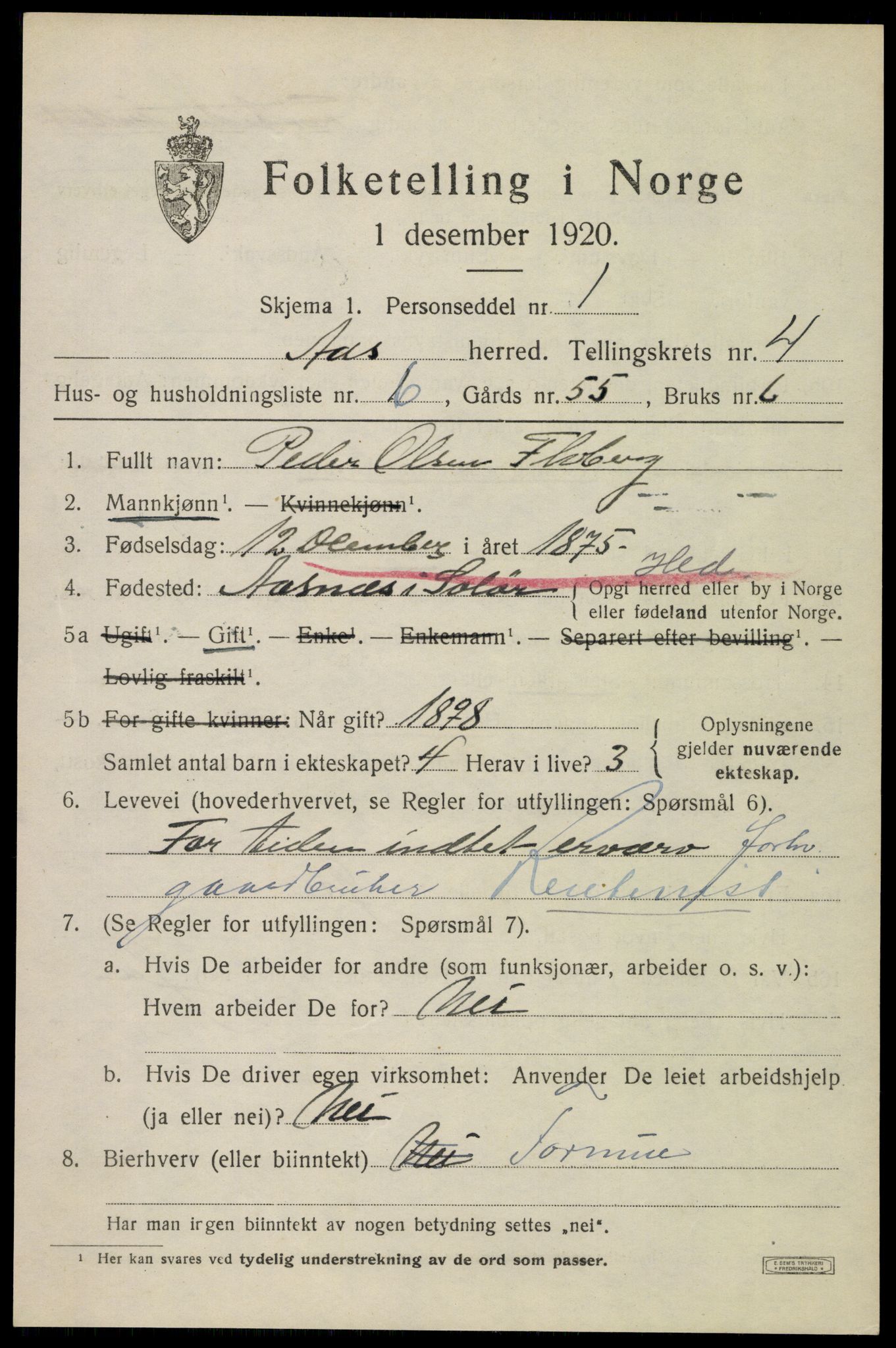 SAO, 1920 census for Ås, 1920, p. 4878