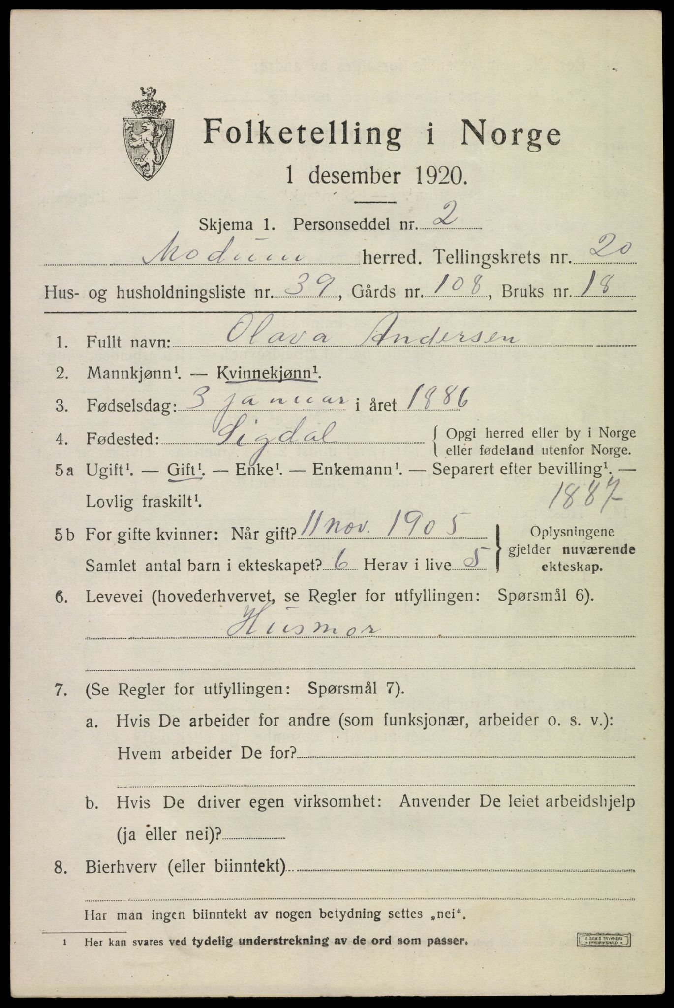 SAKO, 1920 census for Modum, 1920, p. 22443