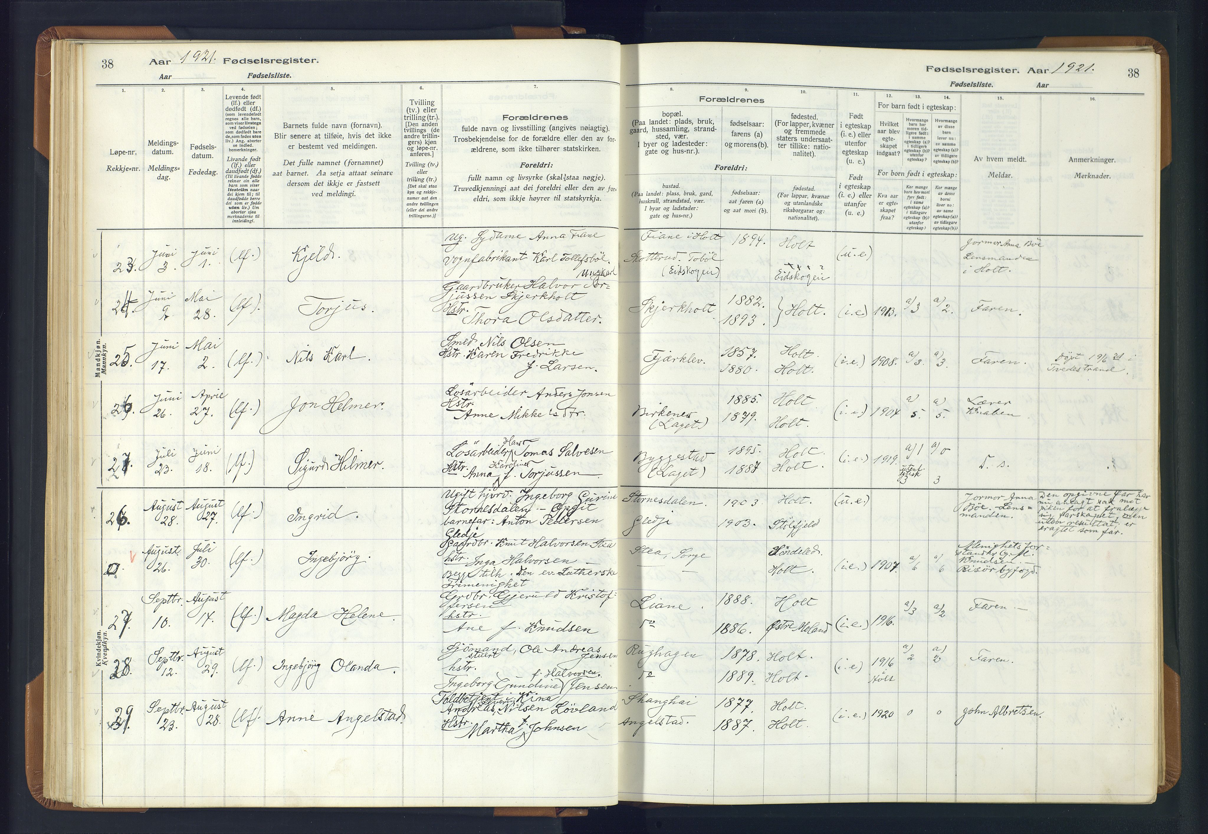 Holt sokneprestkontor, AV/SAK-1111-0021/J/Ja/L0001: Birth register no. II.4.1, 1916-1946, p. 38