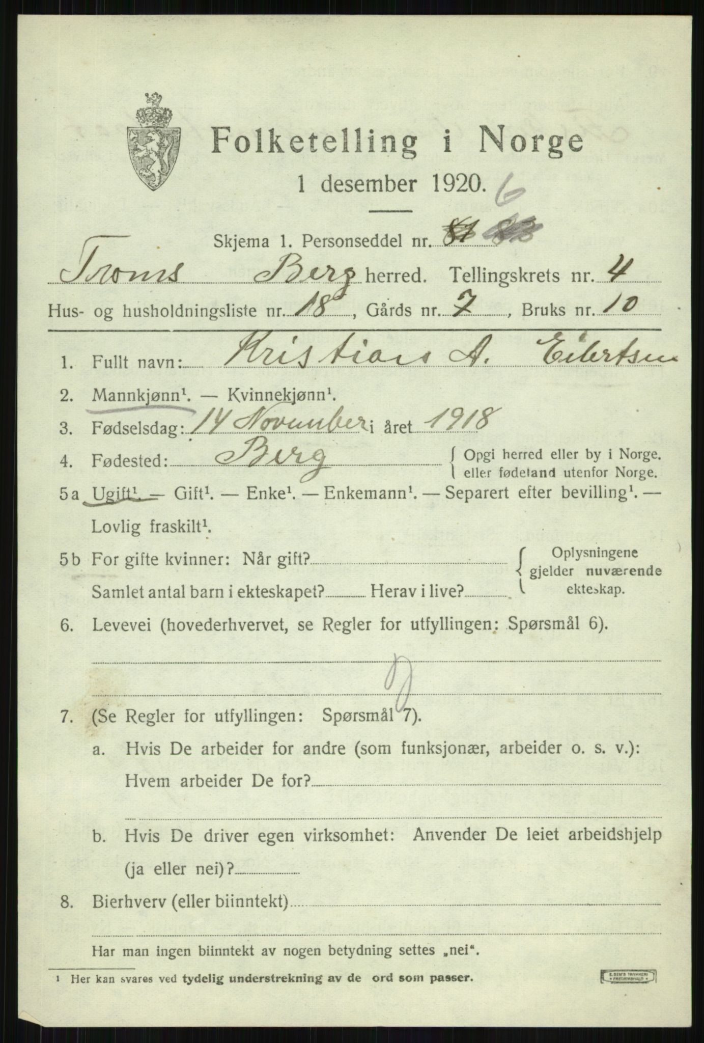 SATØ, 1920 census for Berg, 1920, p. 1700