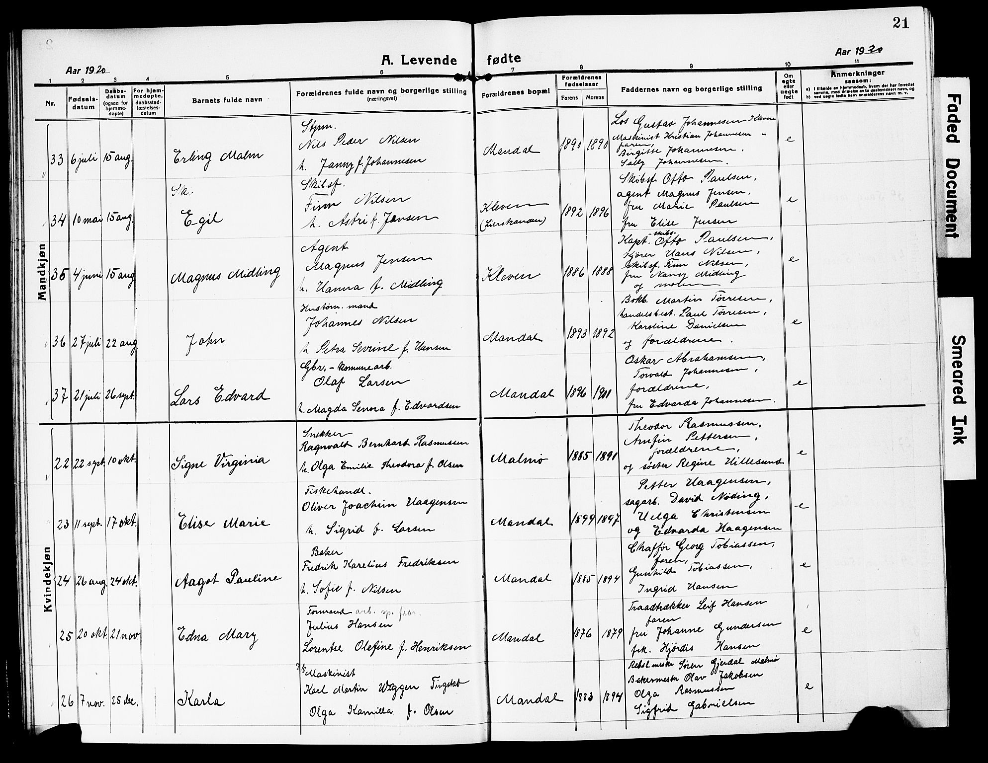 Mandal sokneprestkontor, AV/SAK-1111-0030/F/Fb/Fbc/L0001: Parish register (copy) no. B 1, 1918-1931, p. 21