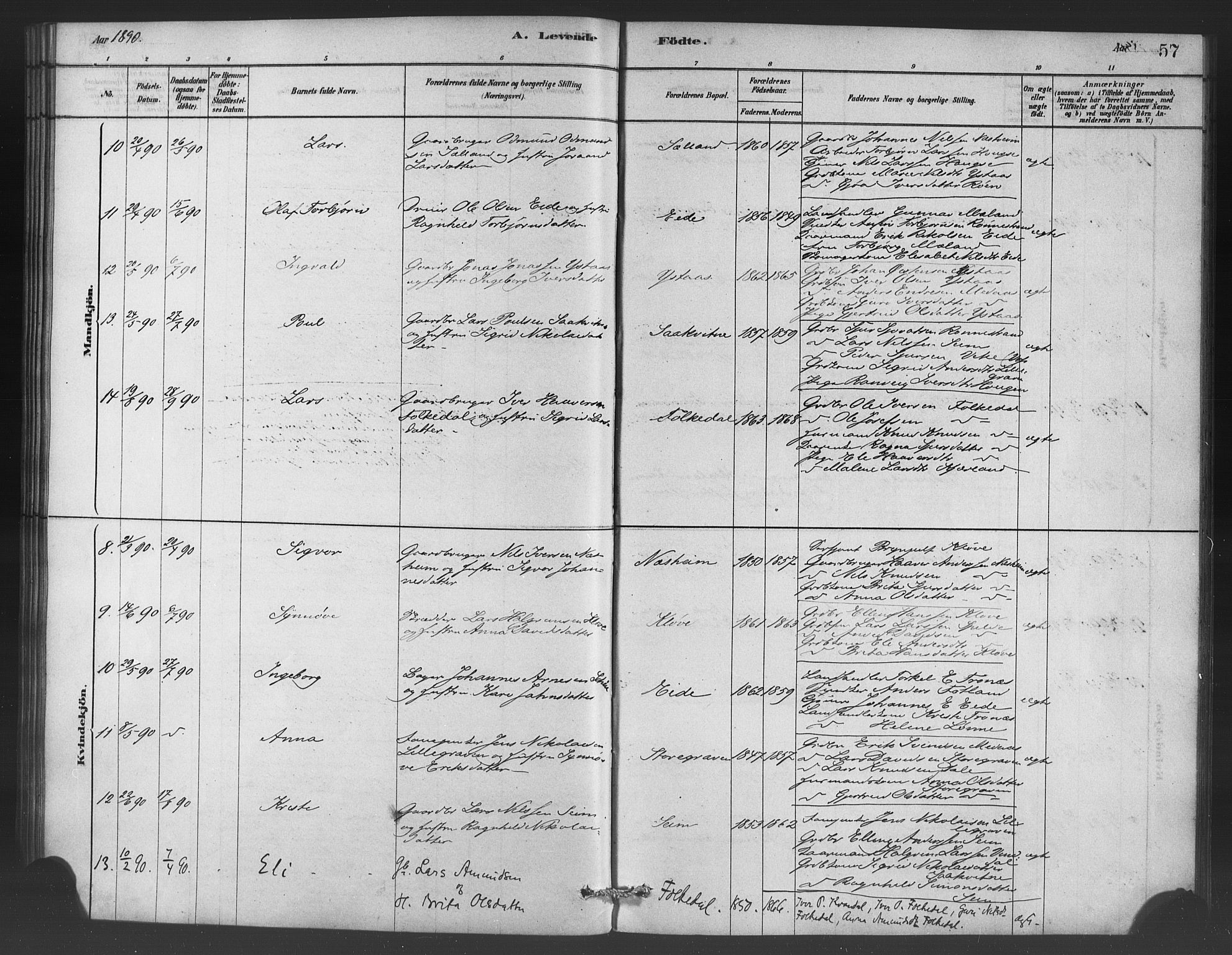 Ulvik sokneprestembete, SAB/A-78801/H/Haa: Parish register (official) no. C 1, 1878-1903, p. 57