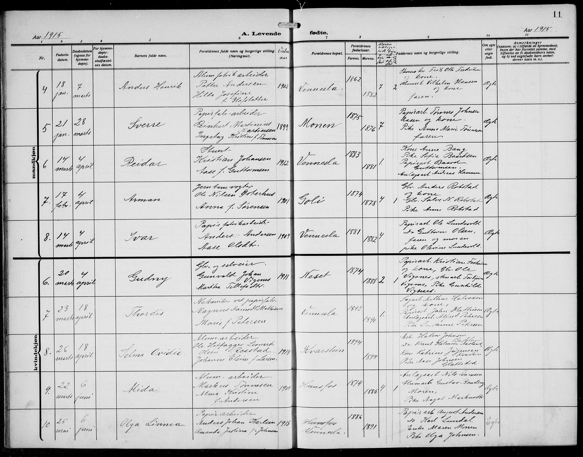 Vennesla sokneprestkontor, SAK/1111-0045/Fb/Fbb/L0006: Parish register (copy) no. B 6, 1914-1921, p. 11