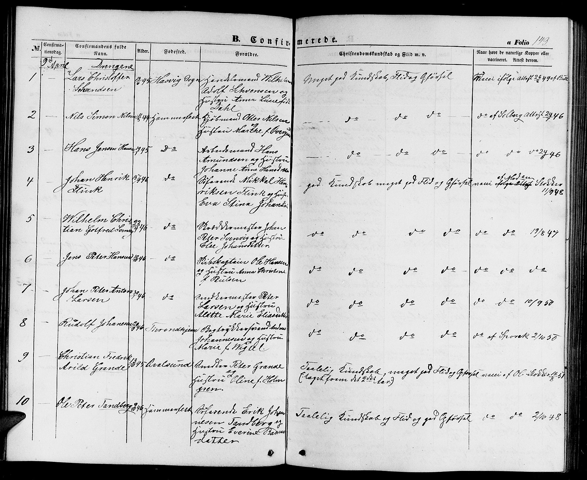 Hammerfest sokneprestkontor, SATØ/S-1347/H/Hb/L0002.klokk: Parish register (copy) no. 2, 1851-1861, p. 143