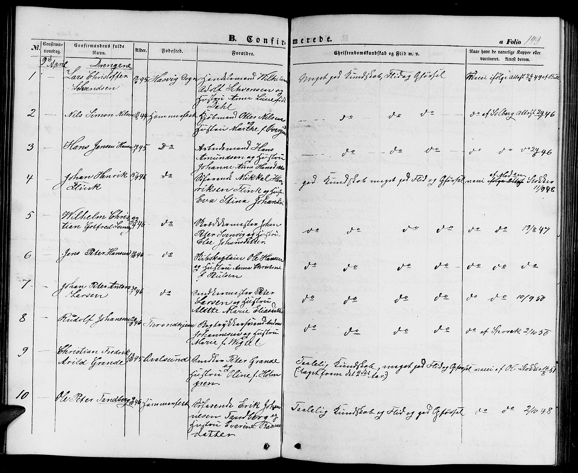 Hammerfest sokneprestkontor, AV/SATØ-S-1347/H/Hb/L0002.klokk: Parish register (copy) no. 2, 1851-1861, p. 143