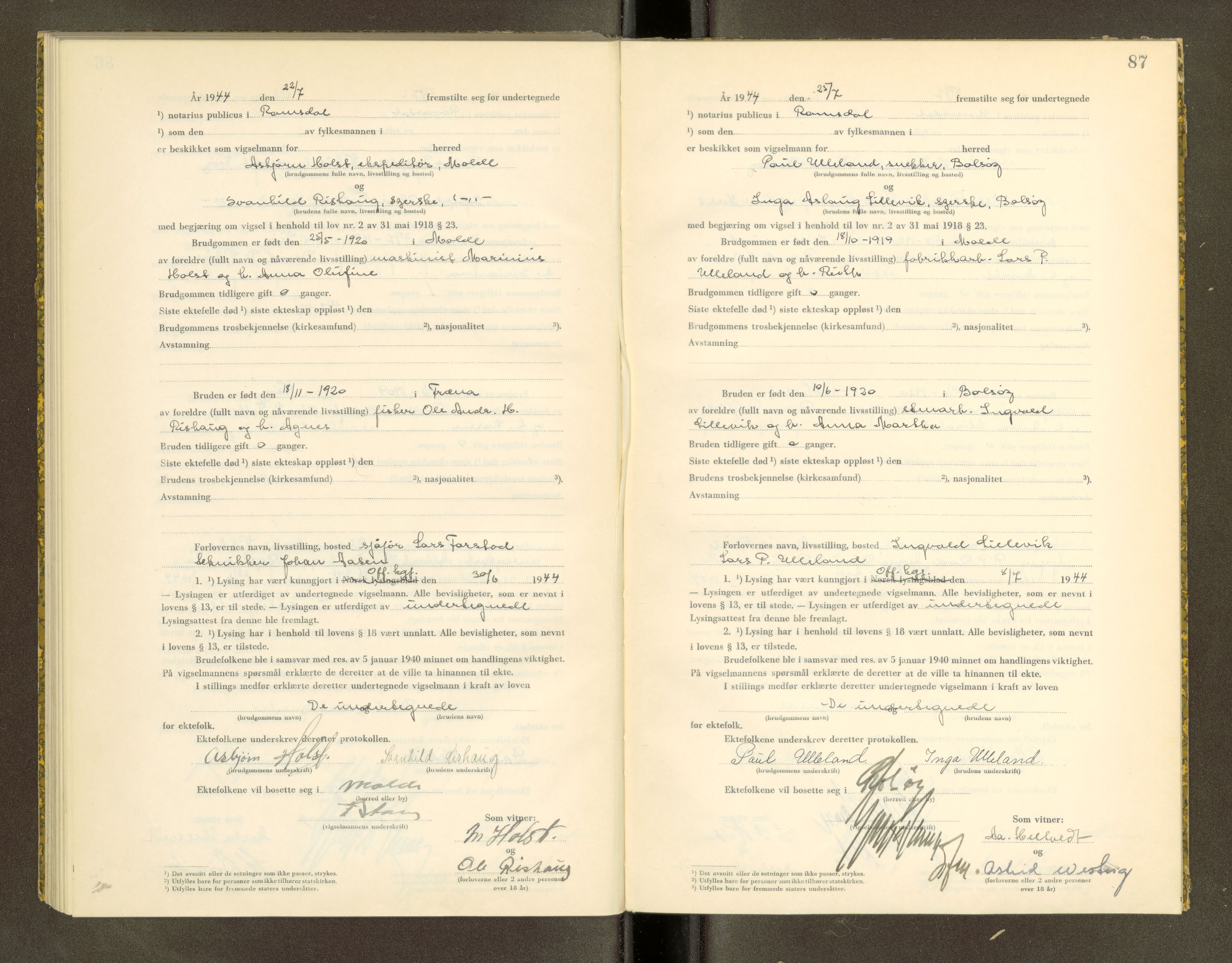 Romsdal sorenskriveri, AV/SAT-A-4149/1/6/6D/L0007: Vigselbok, 1943-1944, p. 87