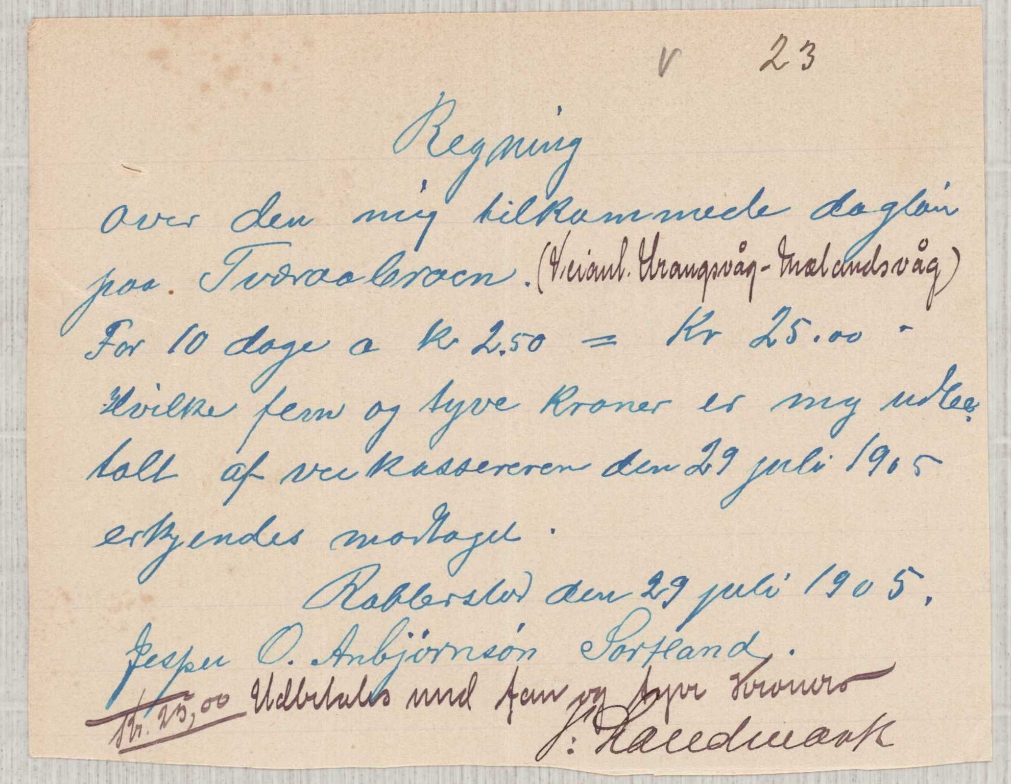 Finnaas kommune. Formannskapet, IKAH/1218a-021/E/Ea/L0002/0003: Rekneskap for veganlegg / Rekneskap for veganlegget Urangsvåg - Mælandsvåg, 1904-1905, p. 91