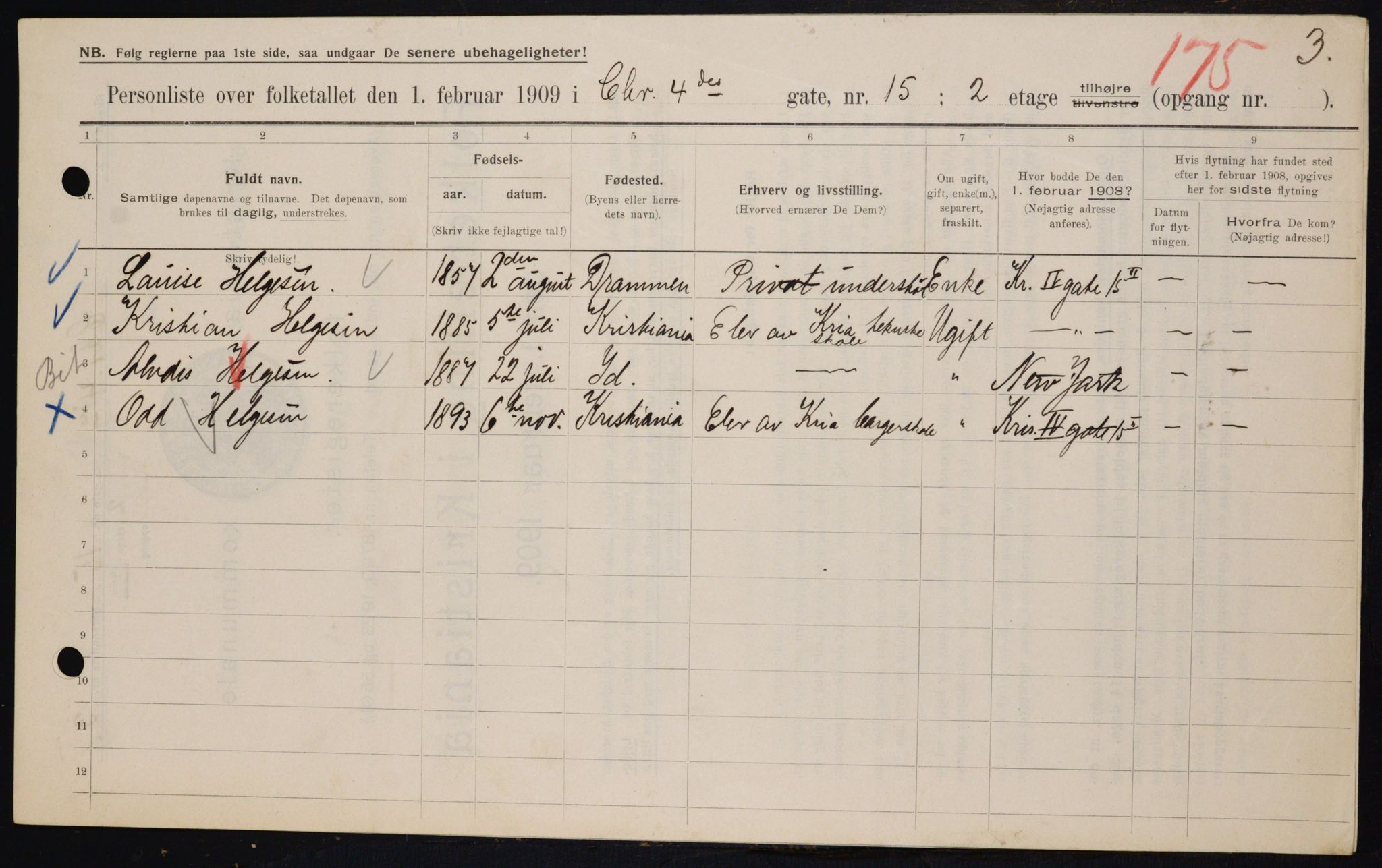 OBA, Municipal Census 1909 for Kristiania, 1909, p. 49709