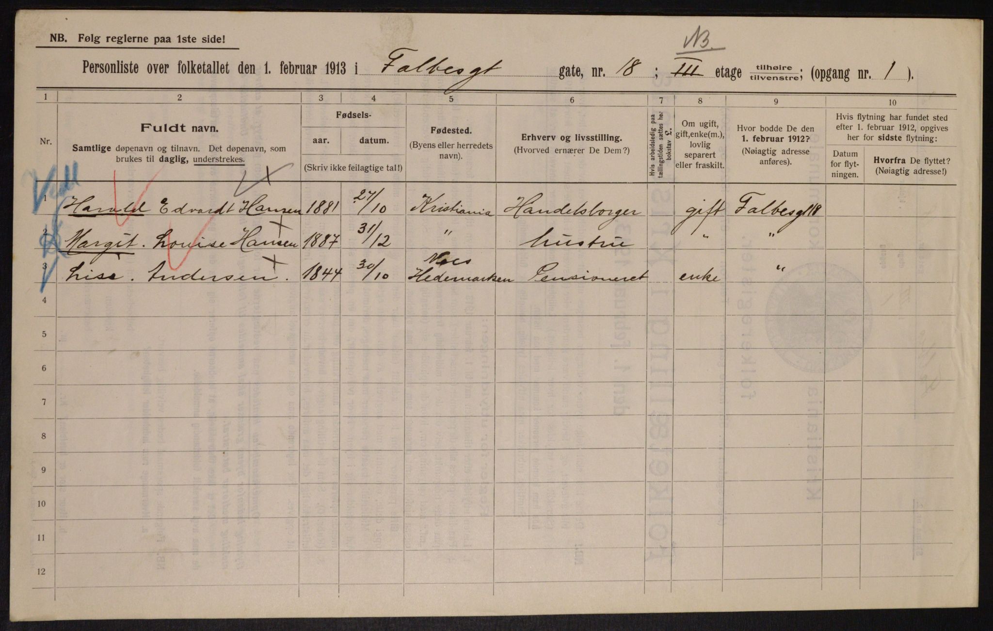 OBA, Municipal Census 1913 for Kristiania, 1913, p. 23368