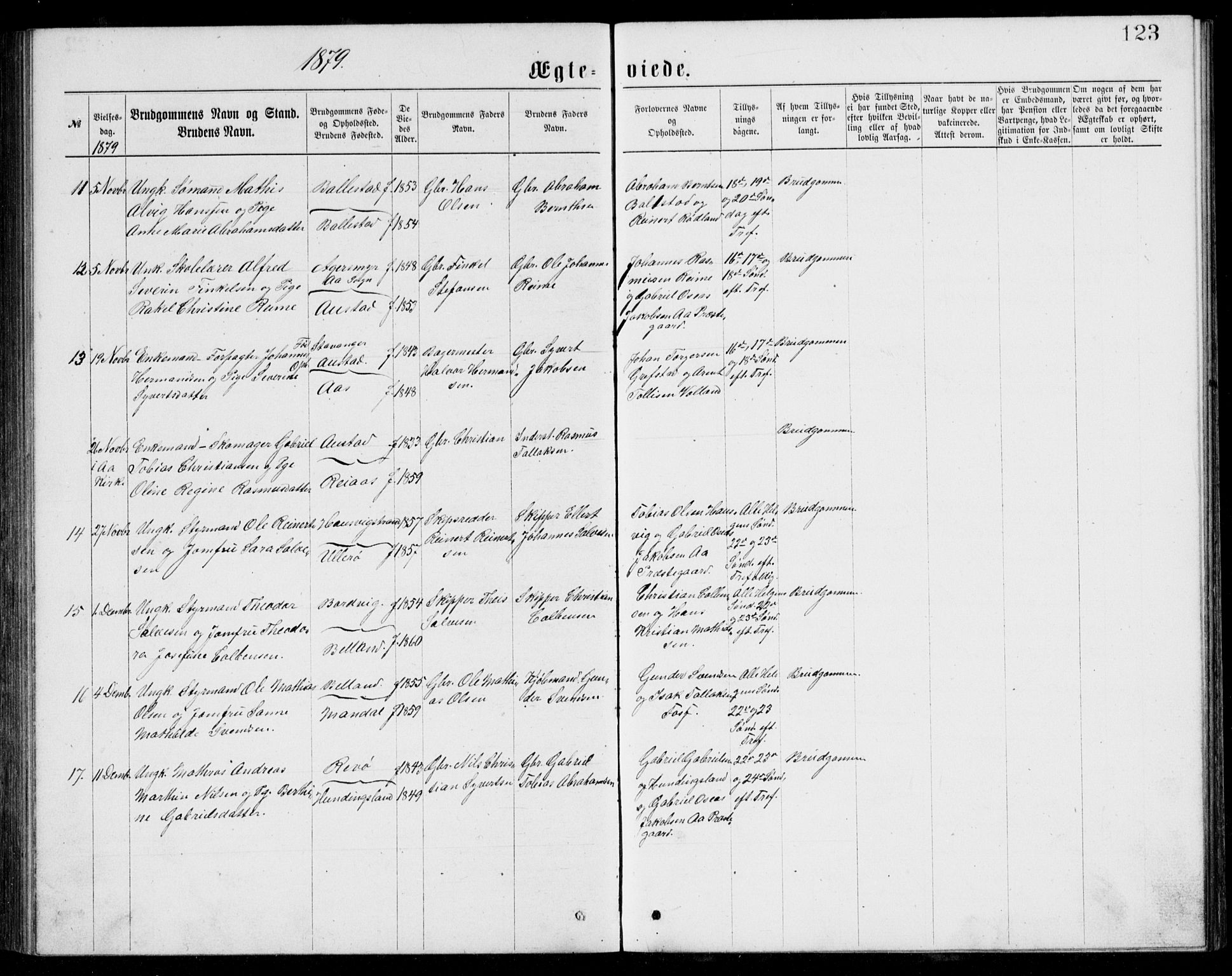 Lyngdal sokneprestkontor, AV/SAK-1111-0029/F/Fb/Fba/L0002: Parish register (copy) no. B 2, 1876-1886, p. 123