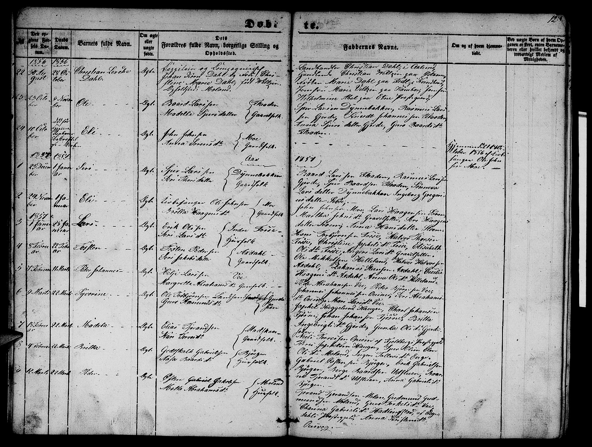 Etne sokneprestembete, SAB/A-75001/H/Hab: Parish register (copy) no. B 2, 1851-1866, p. 12