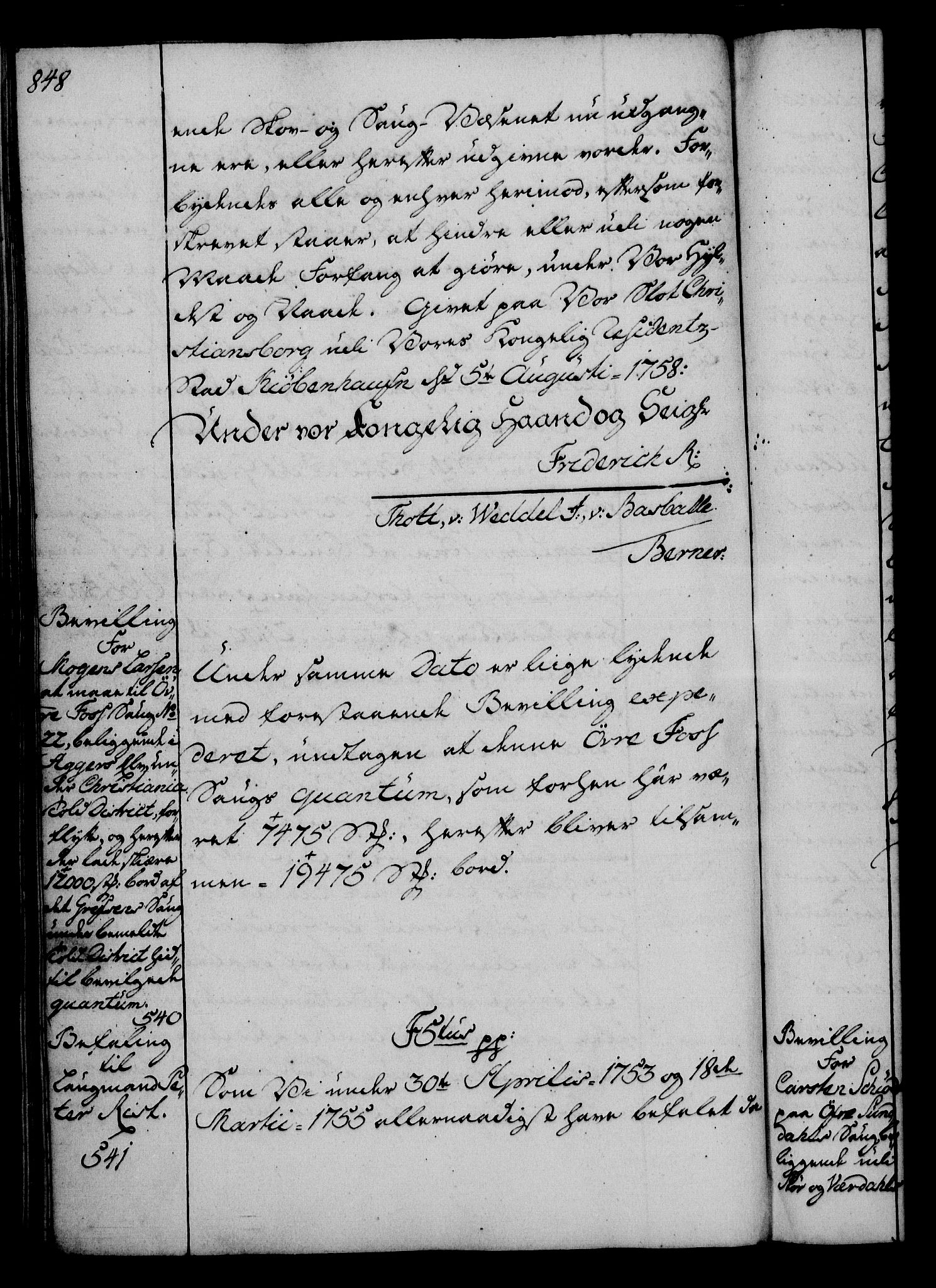 Rentekammeret, Kammerkanselliet, RA/EA-3111/G/Gg/Gga/L0006: Norsk ekspedisjonsprotokoll med register (merket RK 53.6), 1749-1759, p. 848