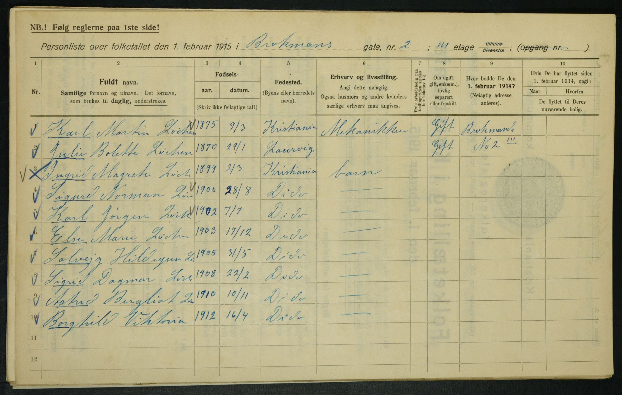 OBA, Municipal Census 1915 for Kristiania, 1915, p. 9559