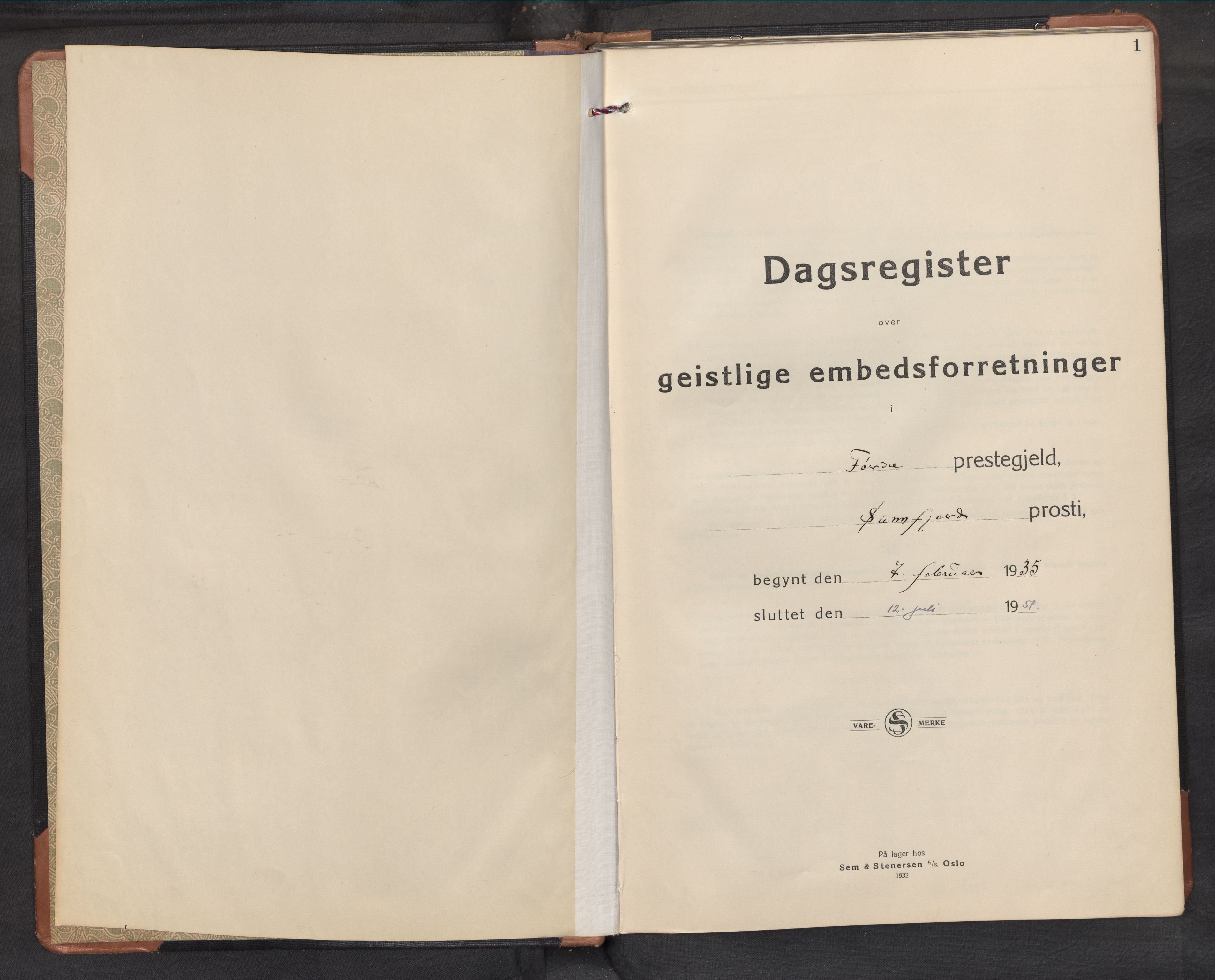 Førde sokneprestembete, SAB/A-79901: Diary records no. A 4, 1935-1951, p. 1