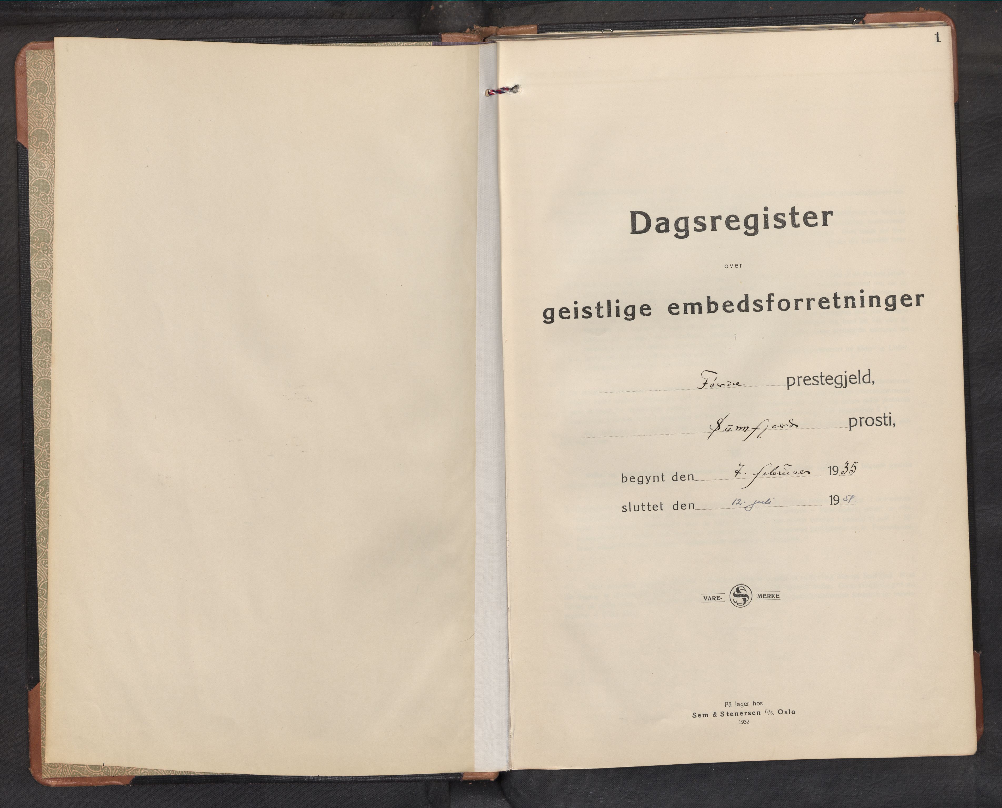 Førde sokneprestembete, AV/SAB-A-79901: Diary records no. A 4, 1935-1951, p. 1