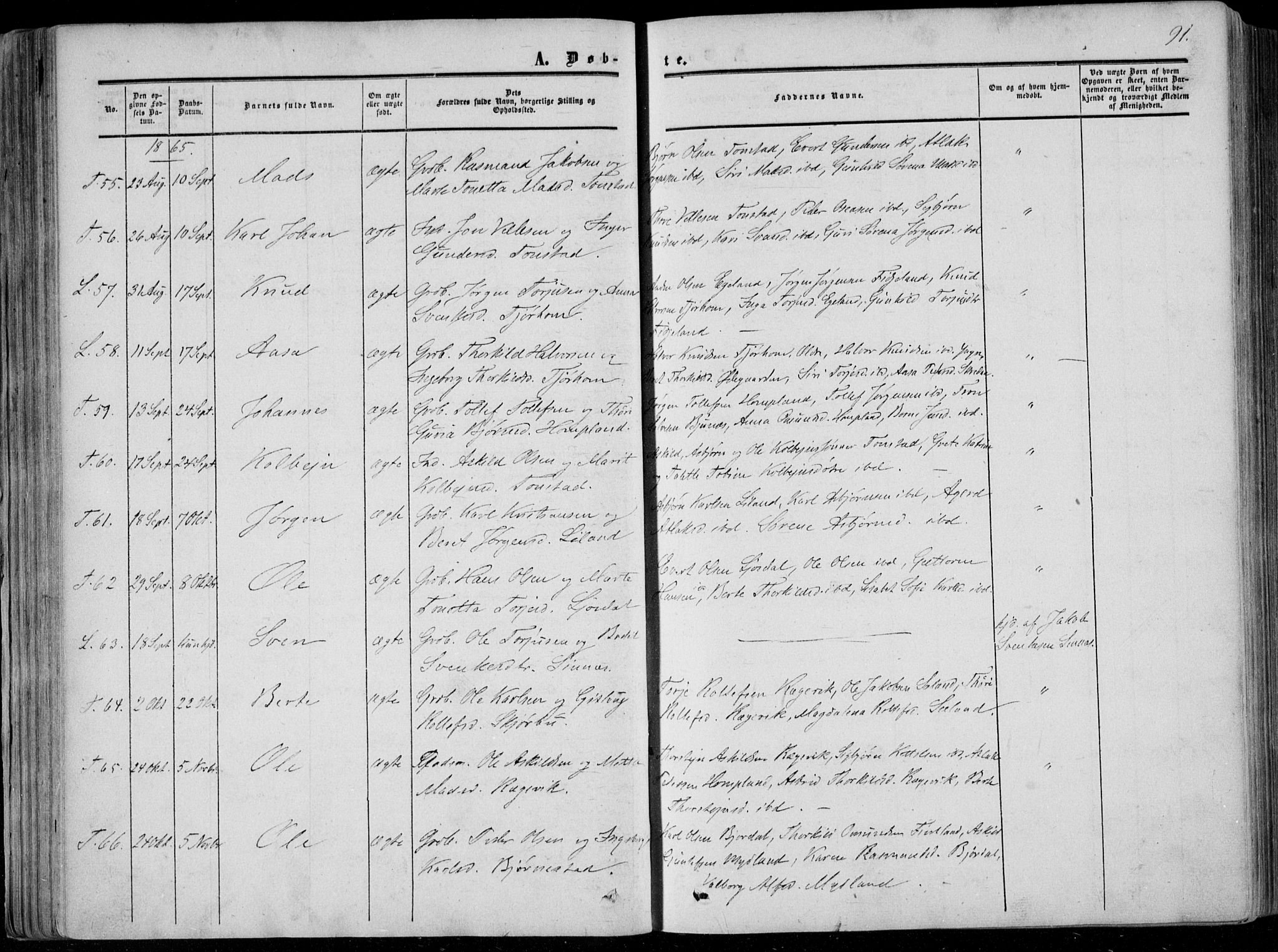 Sirdal sokneprestkontor, SAK/1111-0036/F/Fa/Fab/L0002: Parish register (official) no. A 2, 1855-1874, p. 91