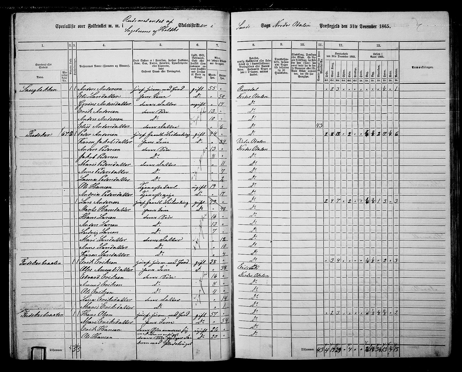 RA, 1865 census for Nord-Odal, 1865, p. 45