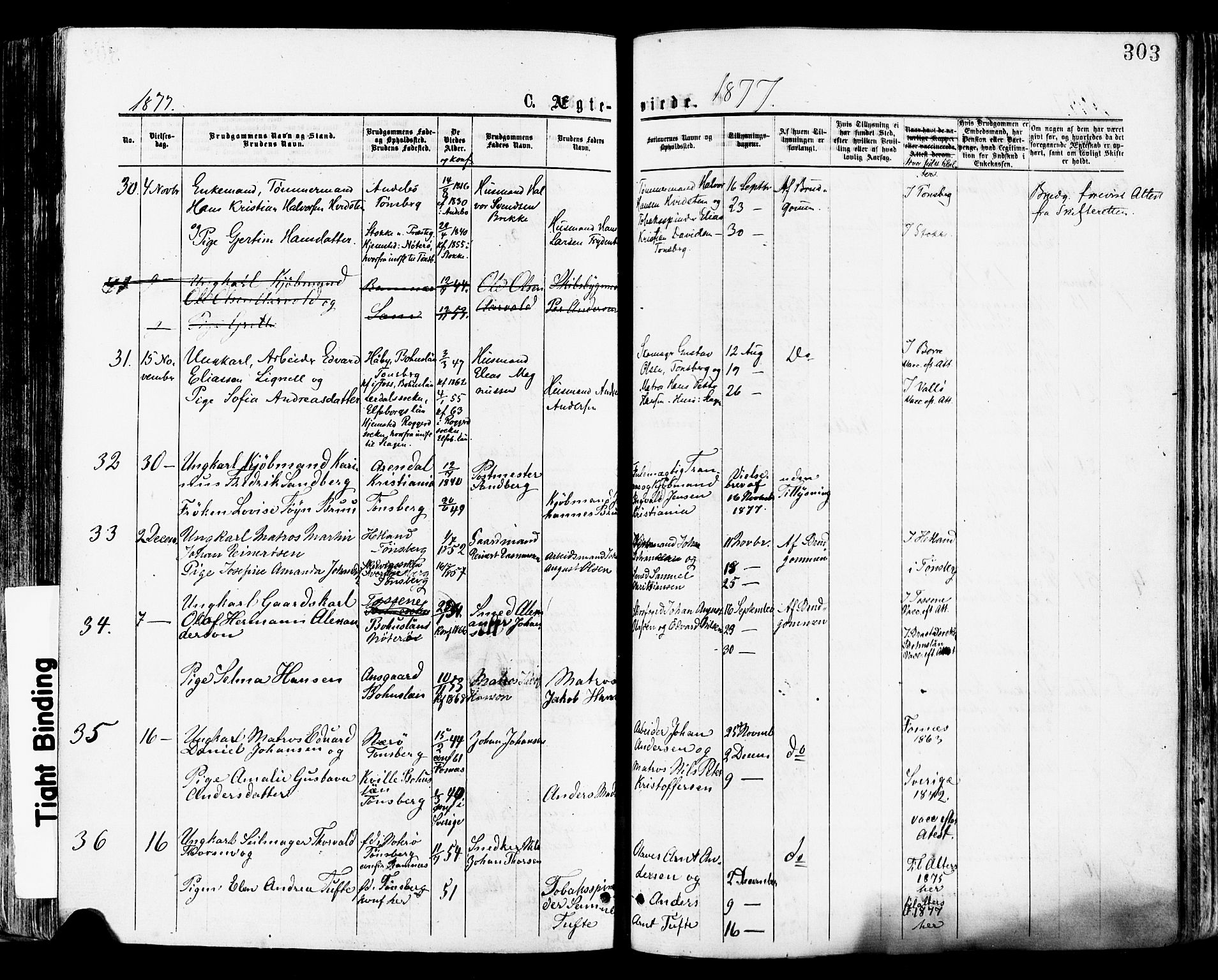 Tønsberg kirkebøker, AV/SAKO-A-330/F/Fa/L0010: Parish register (official) no. I 10, 1874-1880, p. 303