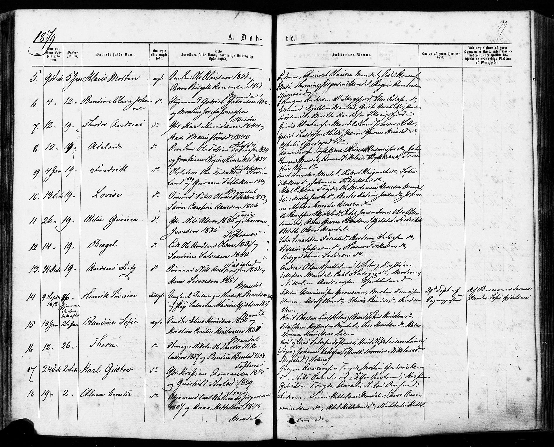 Mandal sokneprestkontor, AV/SAK-1111-0030/F/Fa/Faa/L0015: Parish register (official) no. A 15, 1873-1879, p. 99