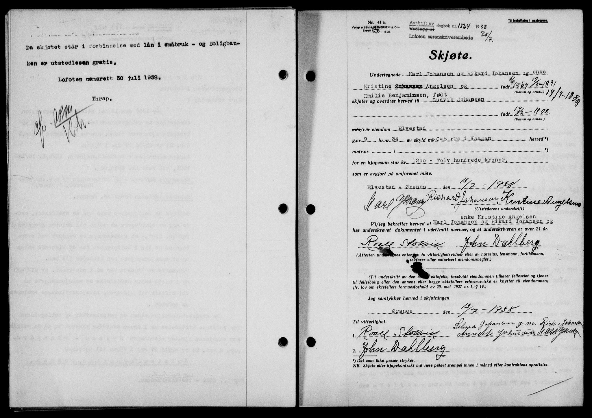 Lofoten sorenskriveri, SAT/A-0017/1/2/2C/L0004a: Mortgage book no. 4a, 1938-1938, Diary no: : 1564/1938