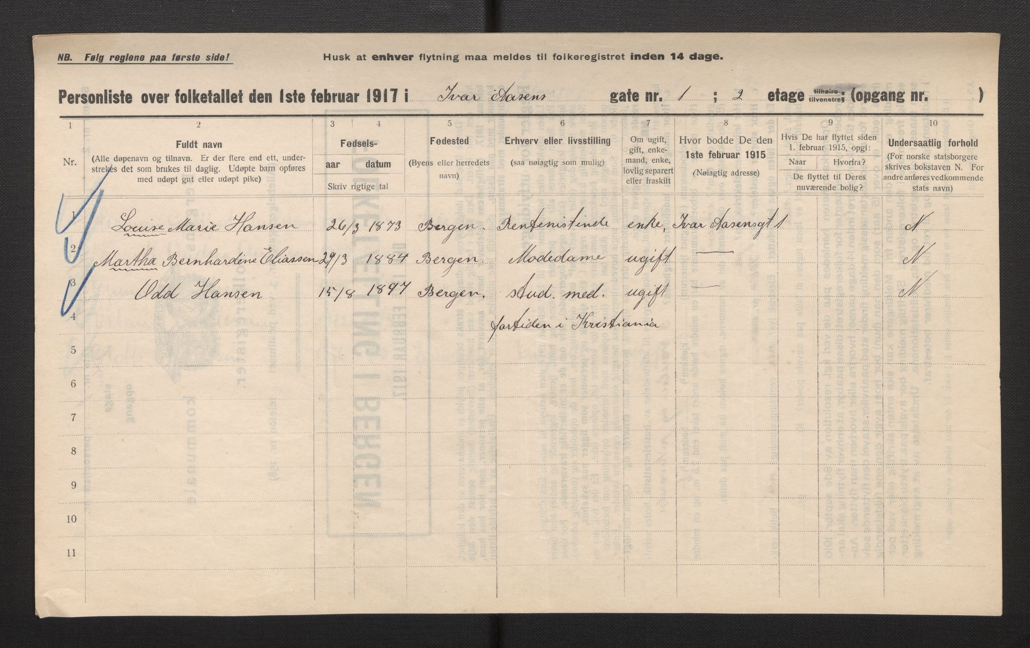 SAB, Municipal Census 1917 for Bergen, 1917, p. 15034