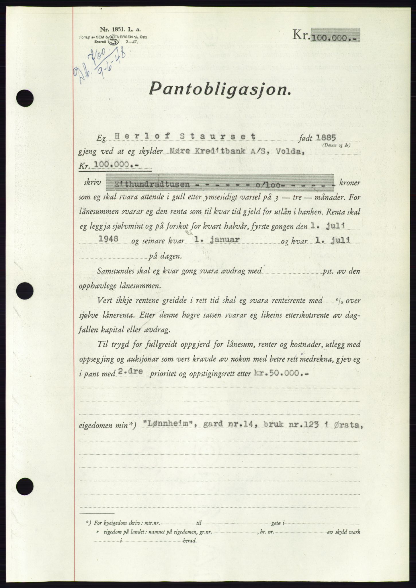 Søre Sunnmøre sorenskriveri, AV/SAT-A-4122/1/2/2C/L0116: Mortgage book no. 4B, 1948-1949, Diary no: : 760/1948