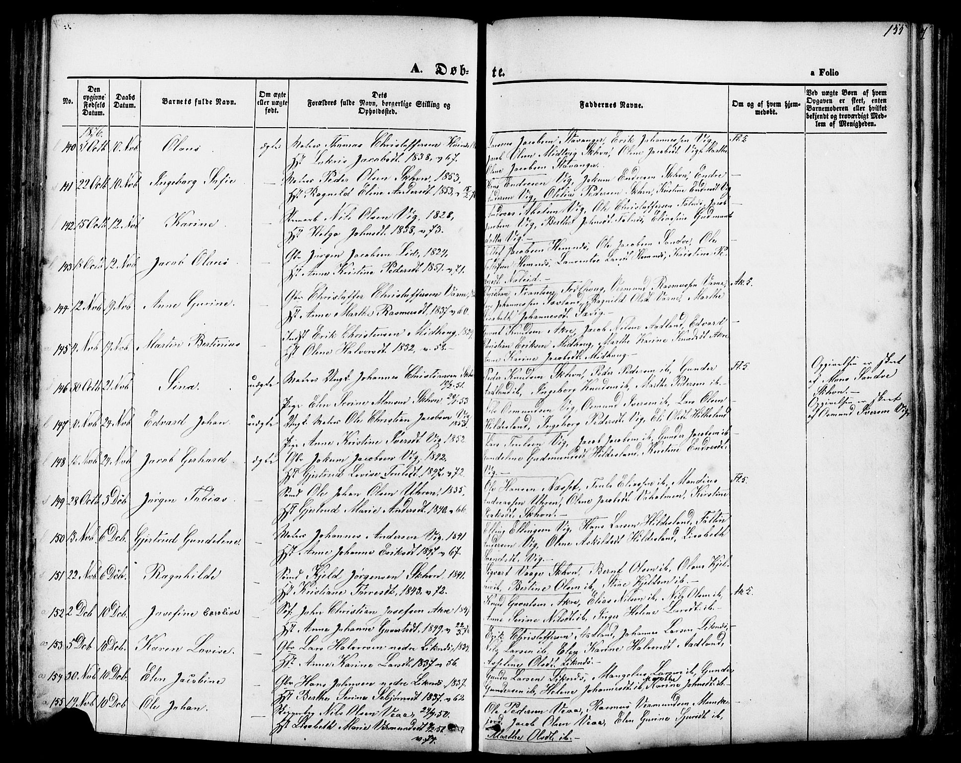 Skudenes sokneprestkontor, SAST/A -101849/H/Ha/Haa/L0006: Parish register (official) no. A 4, 1864-1881, p. 155