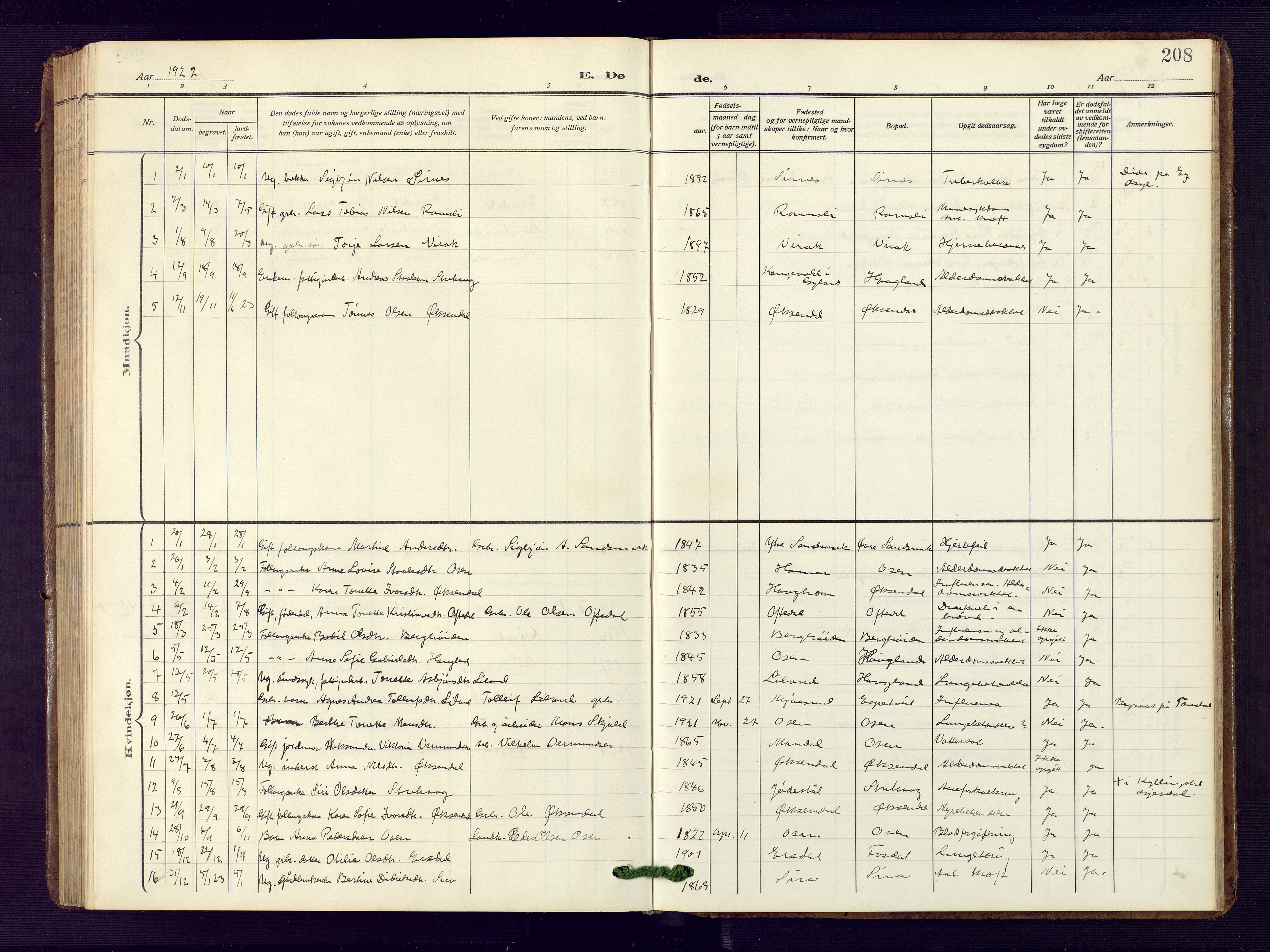 Bakke sokneprestkontor, SAK/1111-0002/F/Fb/Fba/L0004: Parish register (copy) no. B 4, 1911-1946, p. 208