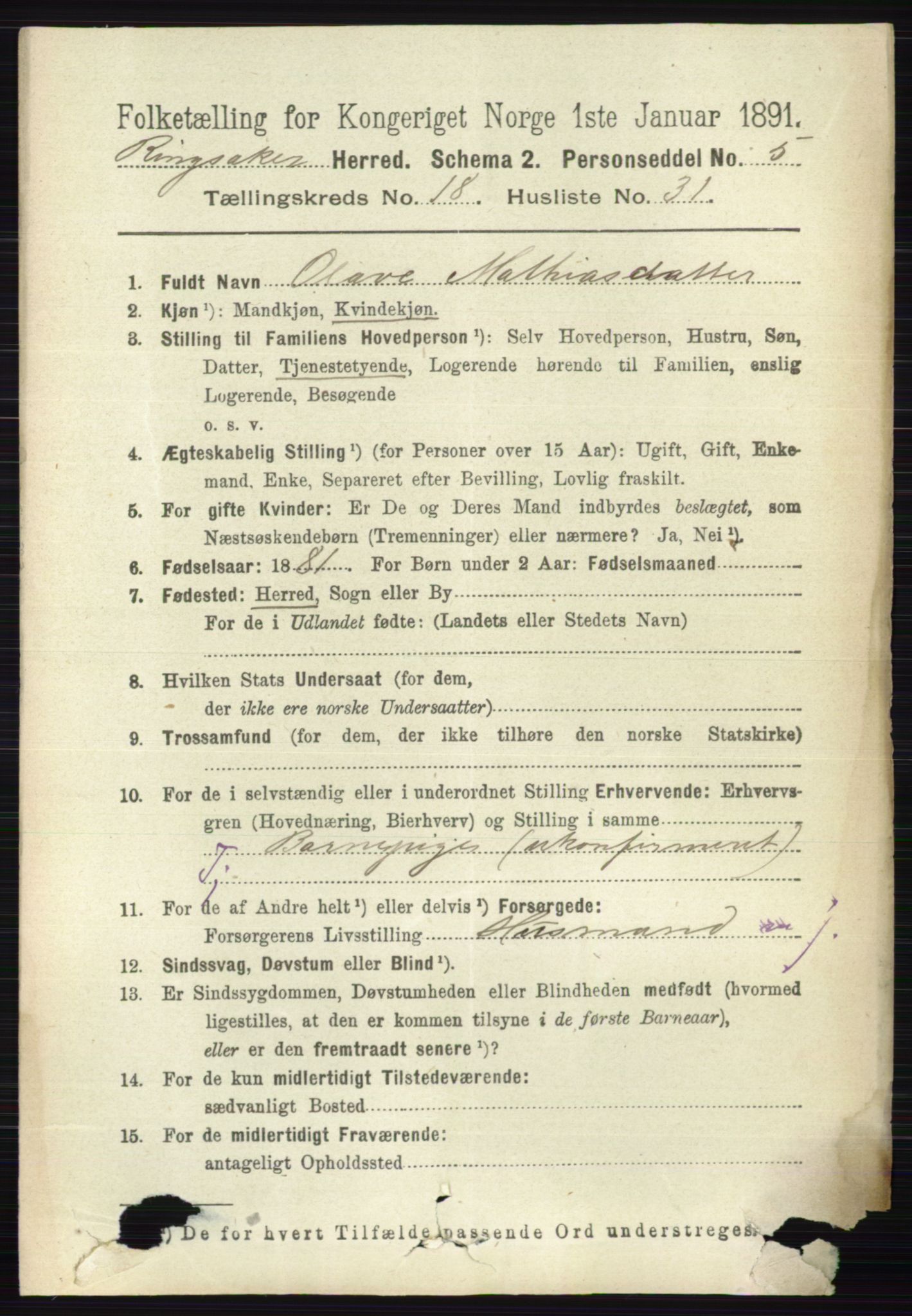 RA, 1891 census for 0412 Ringsaker, 1891, p. 10522