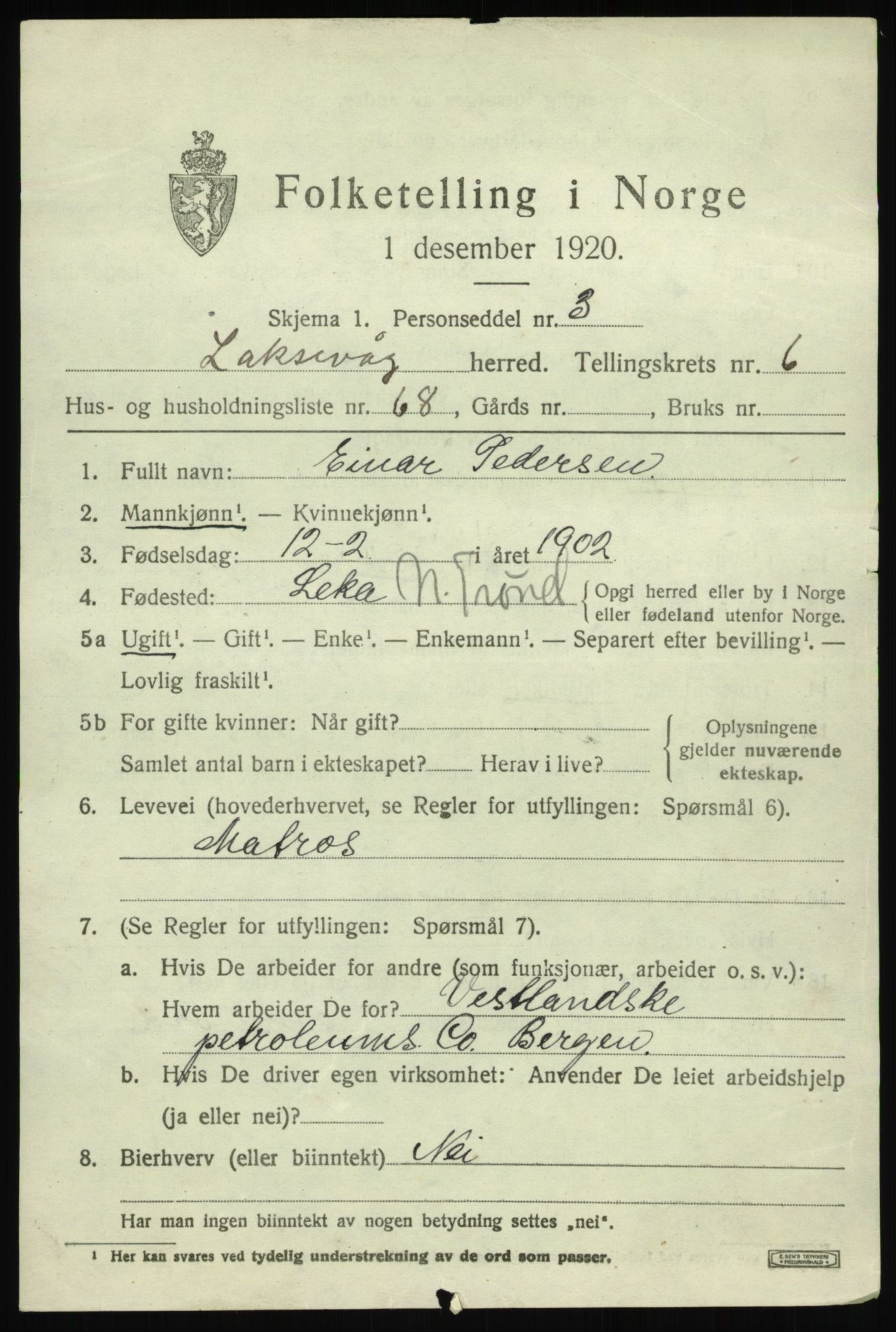 SAB, 1920 census for Laksevåg, 1920, p. 18022