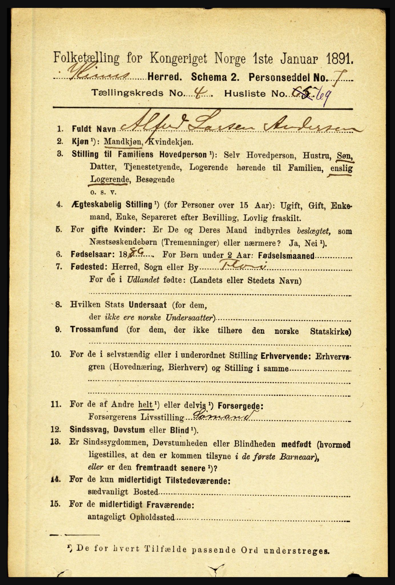 RA, 1891 census for 1437 Kinn, 1891, p. 1730
