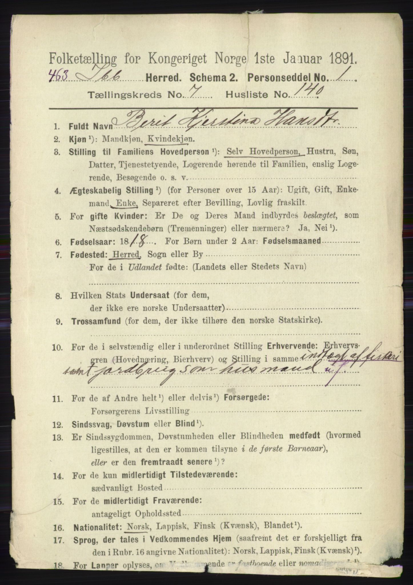 RA, 1891 census for 1917 Ibestad, 1891, p. 5124