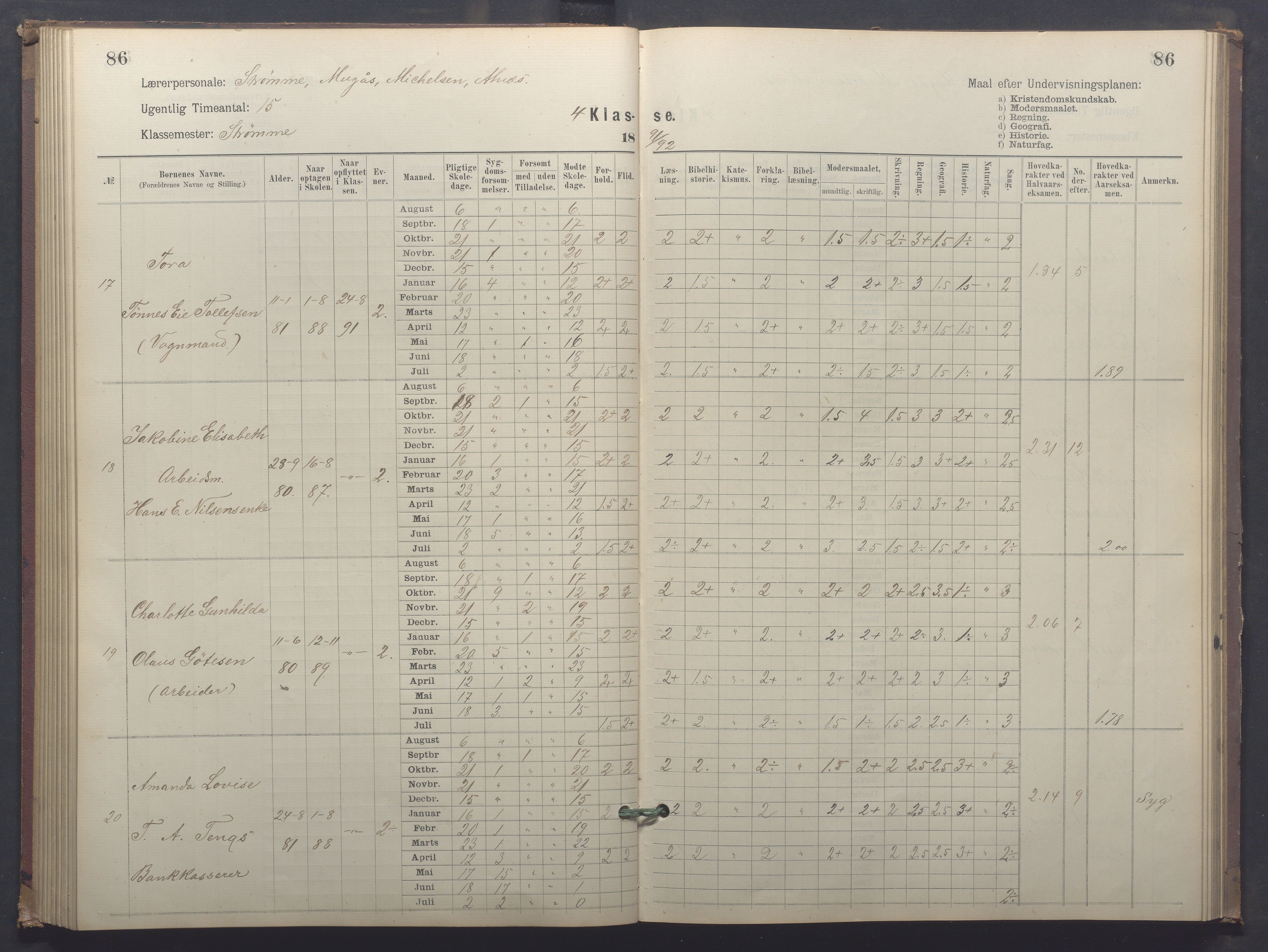 Egersund kommune (Ladested) - Egersund almueskole/folkeskole, IKAR/K-100521/H/L0025: Skoleprotokoll - Almueskolen, 4. klasse, 1887-1892, p. 86