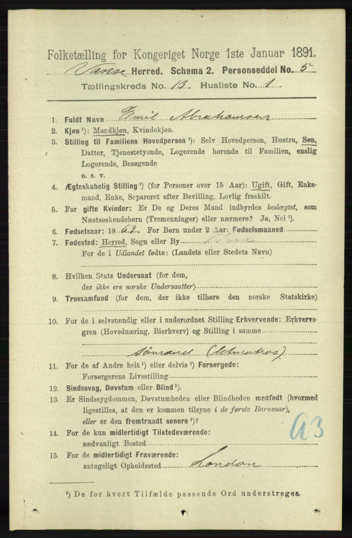 RA, 1891 census for 1041 Vanse, 1891, p. 7519