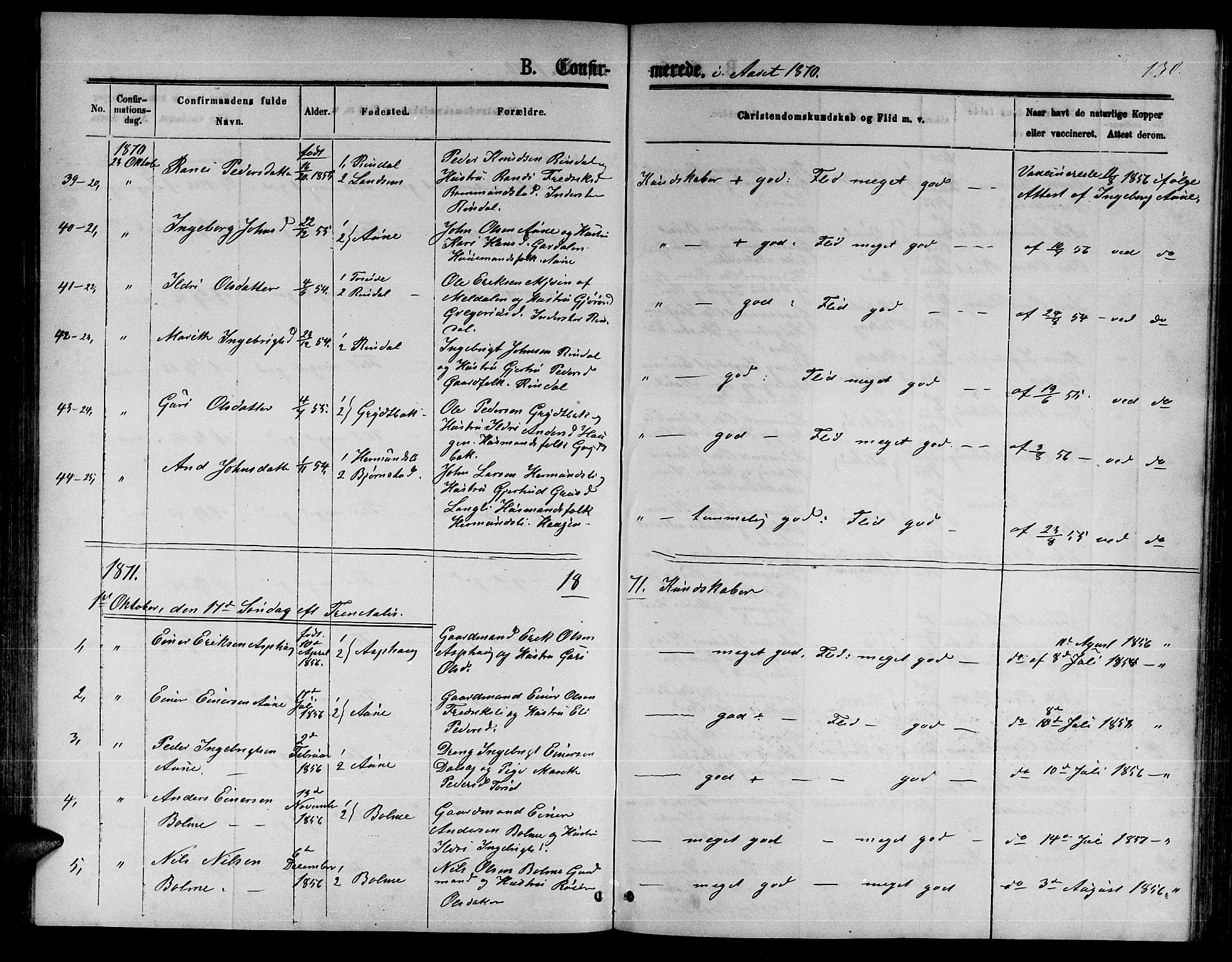 Ministerialprotokoller, klokkerbøker og fødselsregistre - Møre og Romsdal, AV/SAT-A-1454/598/L1076: Parish register (copy) no. 598C01, 1867-1878, p. 130