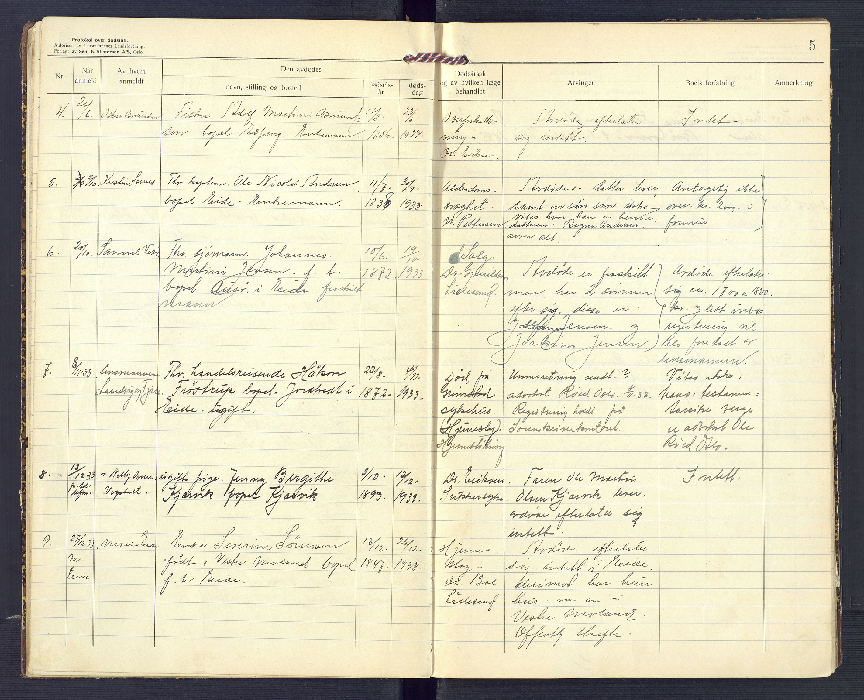 Eide lensmannskontor, AV/SAK-1241-0008/F/Fe/L0002: Dødsfallsprotokoll nr 9, 1931-1960, p. 5