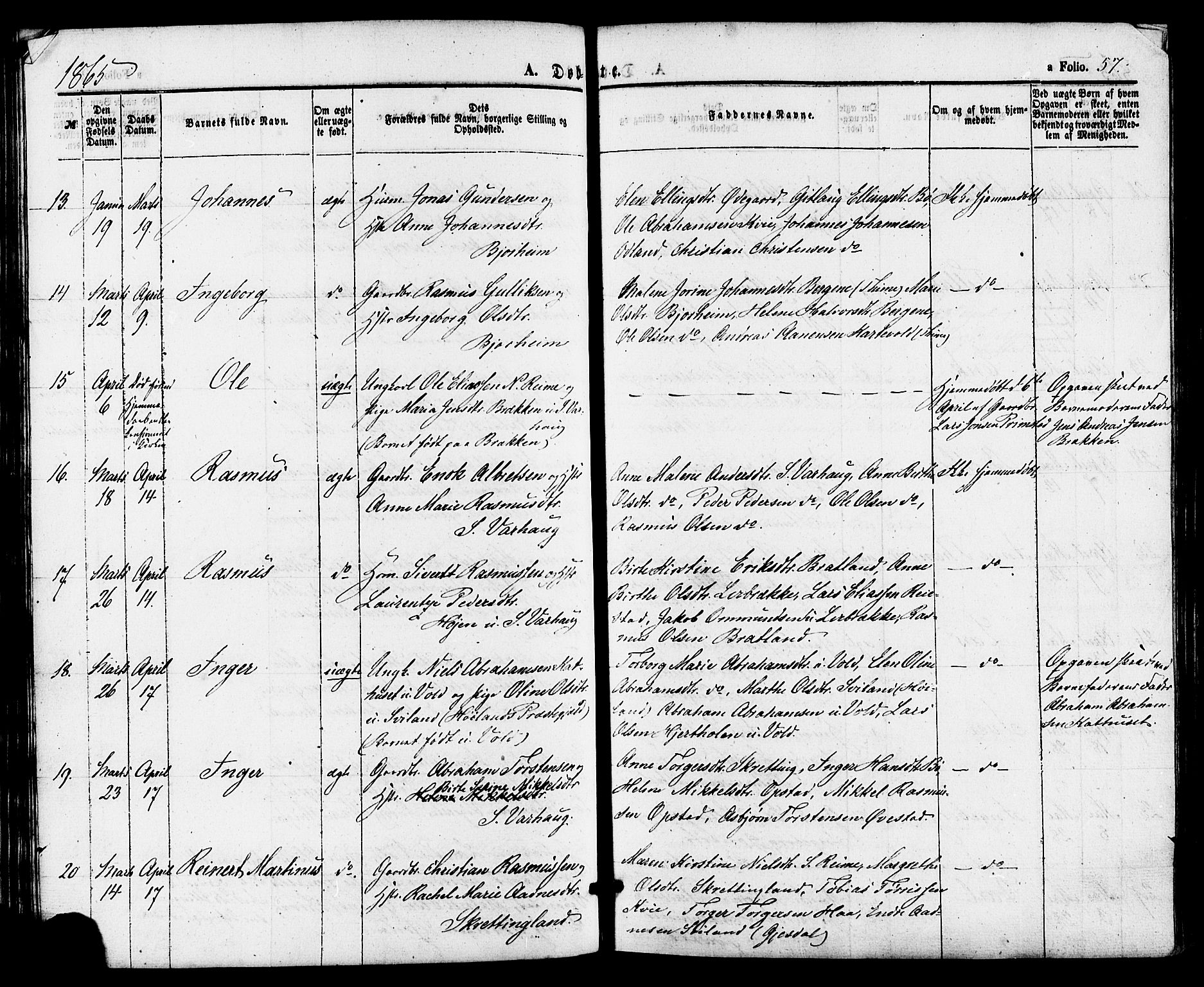 Hå sokneprestkontor, AV/SAST-A-101801/001/30BA/L0009: Parish register (official) no. A 8, 1855-1878, p. 57