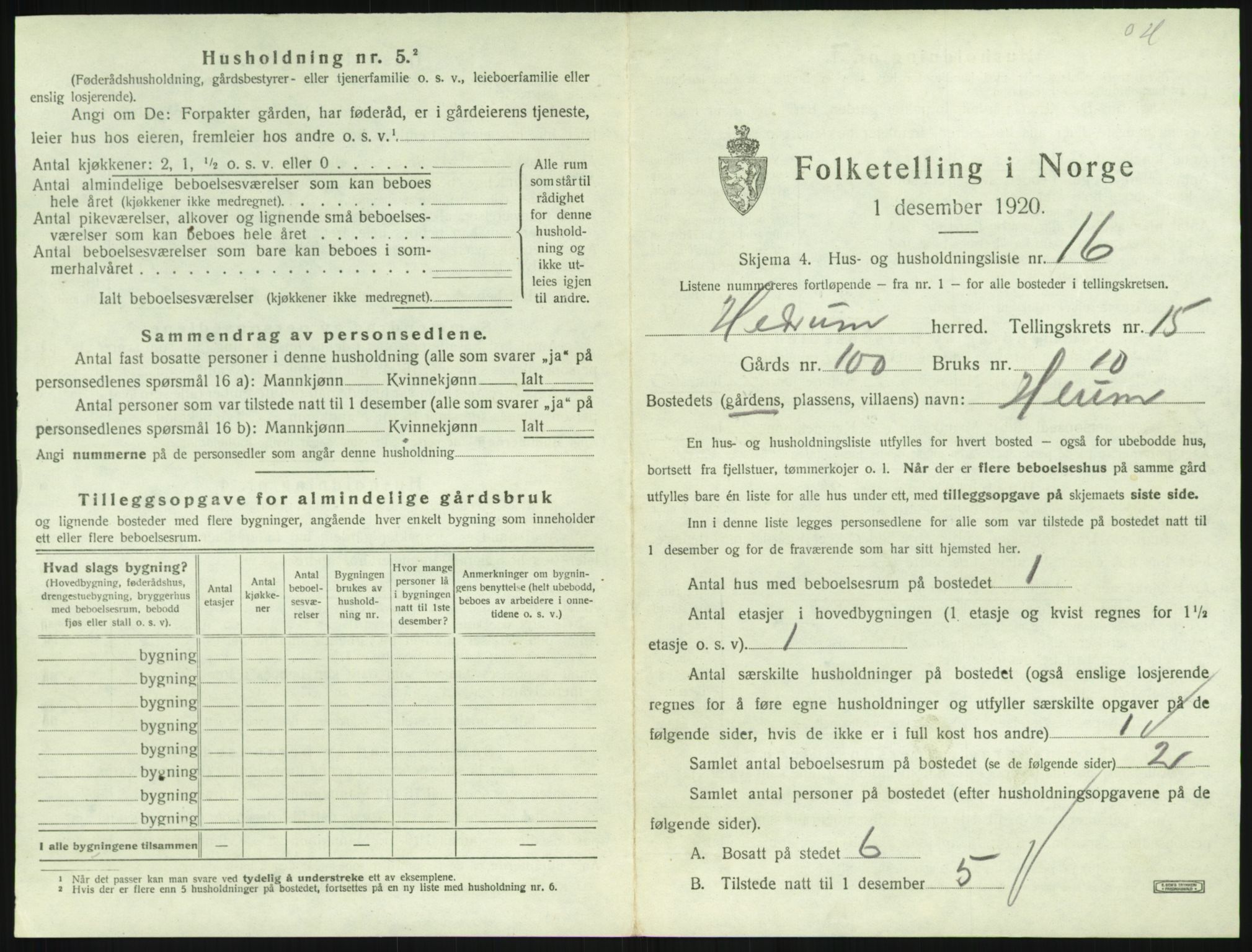 SAKO, 1920 census for Hedrum, 1920, p. 1443