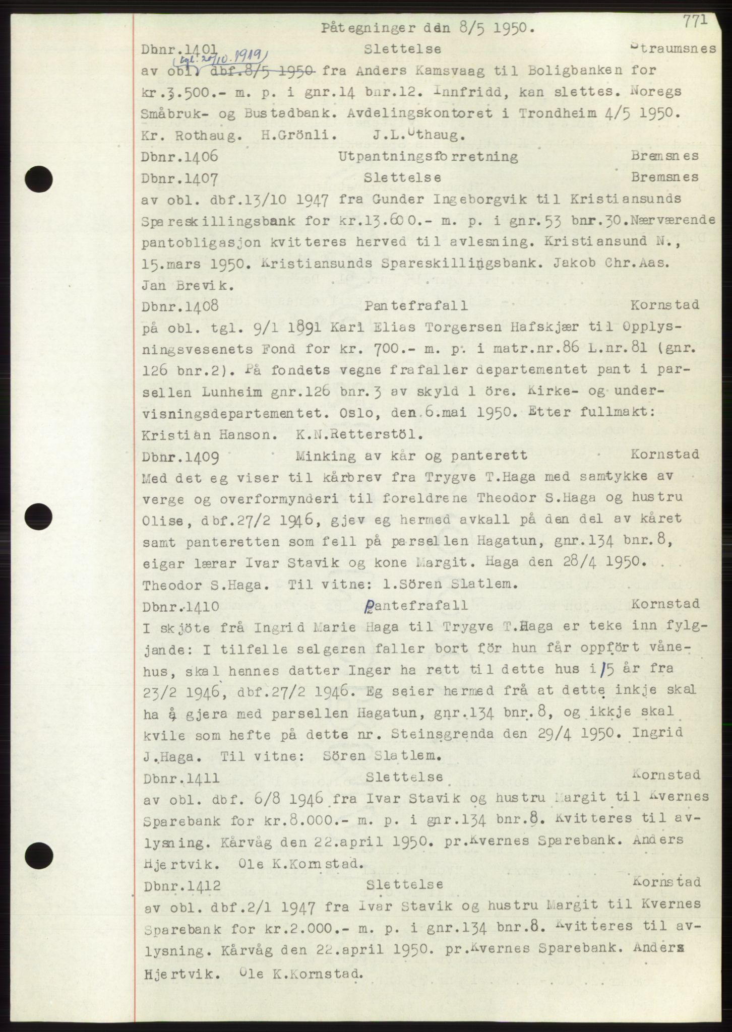 Nordmøre sorenskriveri, SAT/A-4132/1/2/2Ca: Mortgage book no. C82b, 1946-1951, Diary no: : 1401/1950