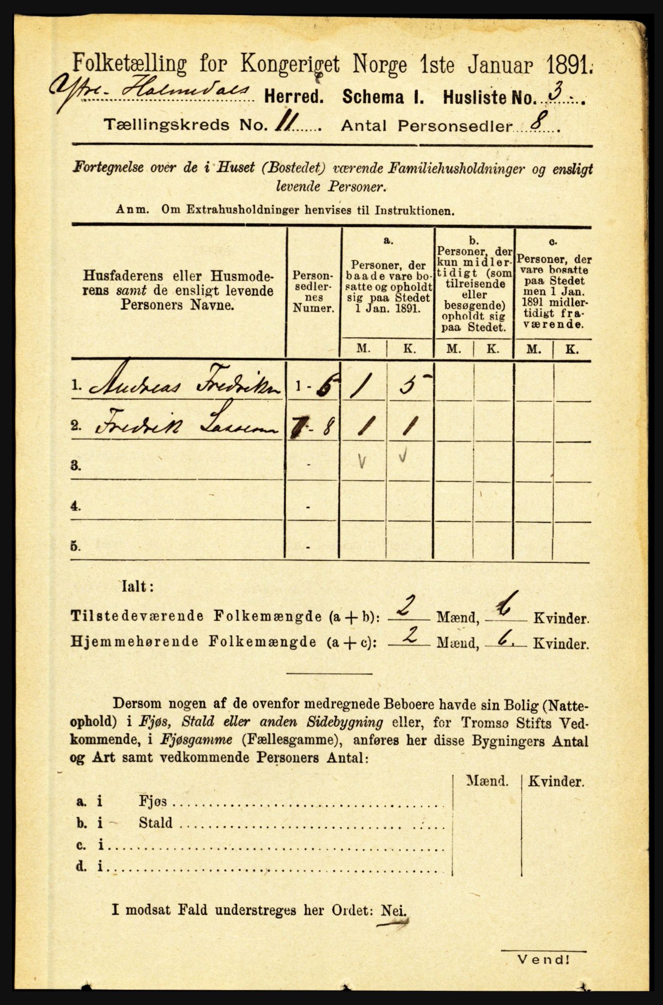 RA, 1891 census for 1429 Ytre Holmedal, 1891, p. 2730