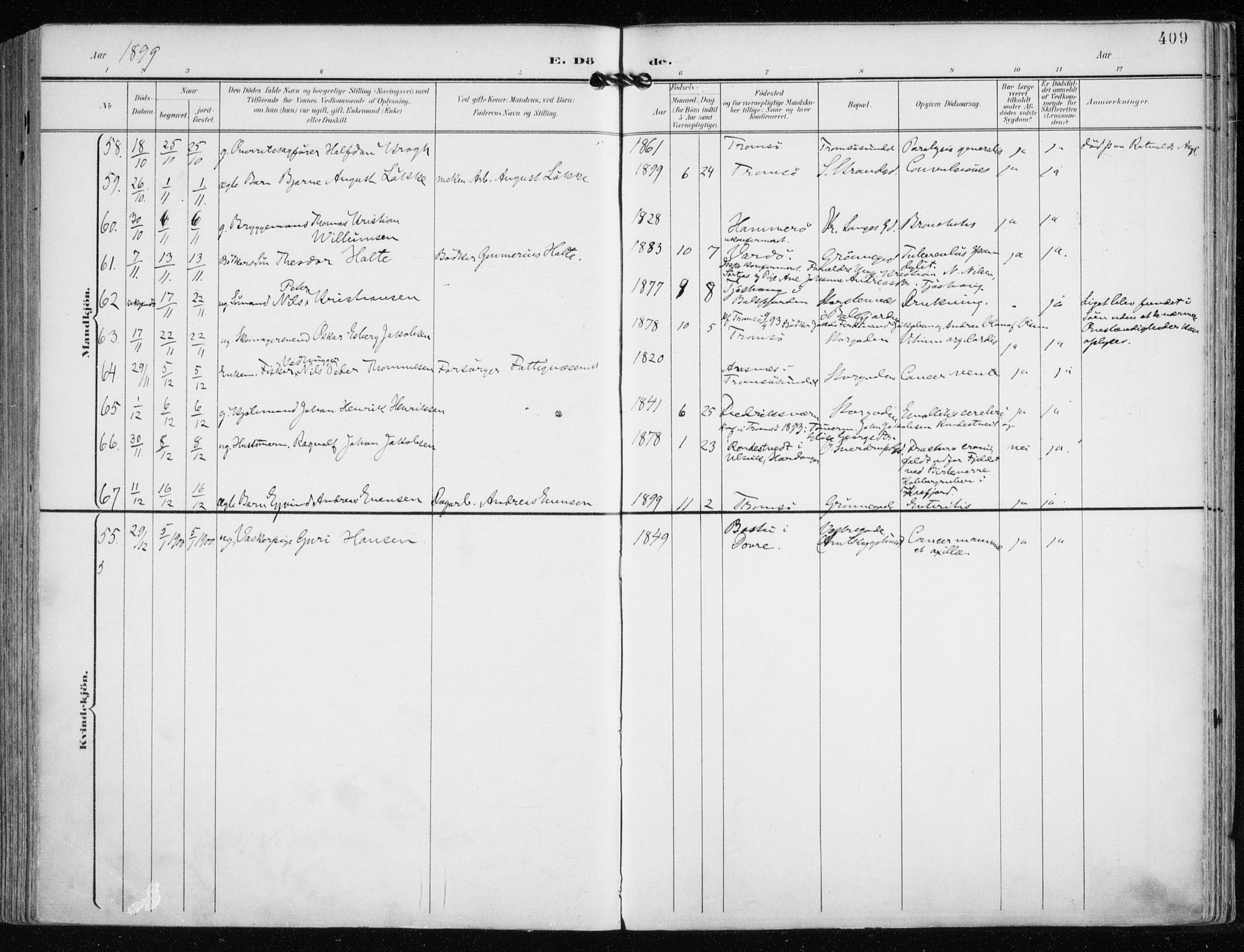 Tromsø sokneprestkontor/stiftsprosti/domprosti, AV/SATØ-S-1343/G/Ga/L0016kirke: Parish register (official) no. 16, 1899-1906, p. 409