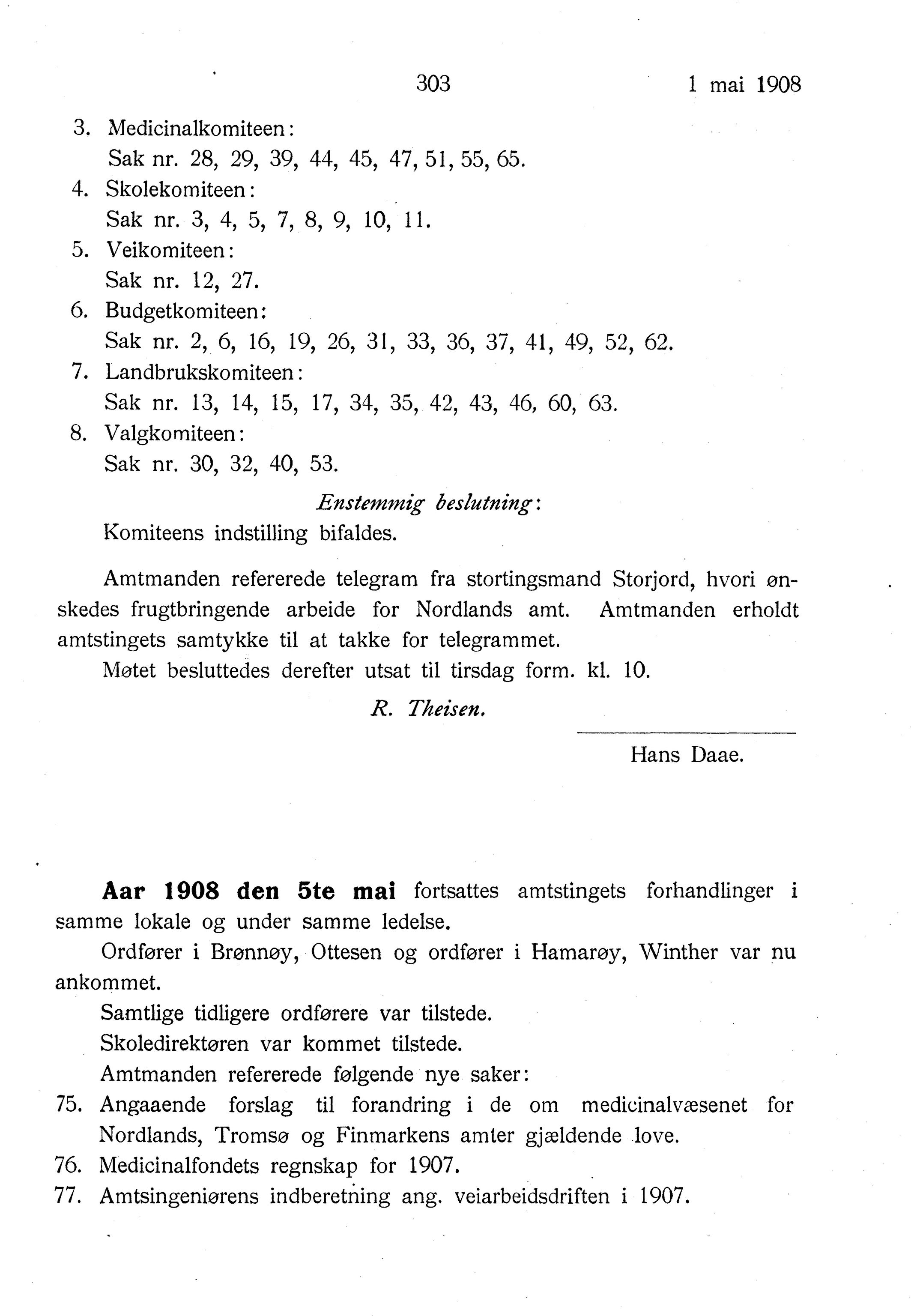 Nordland Fylkeskommune. Fylkestinget, AIN/NFK-17/176/A/Ac/L0031: Fylkestingsforhandlinger 1908, 1908, p. 303