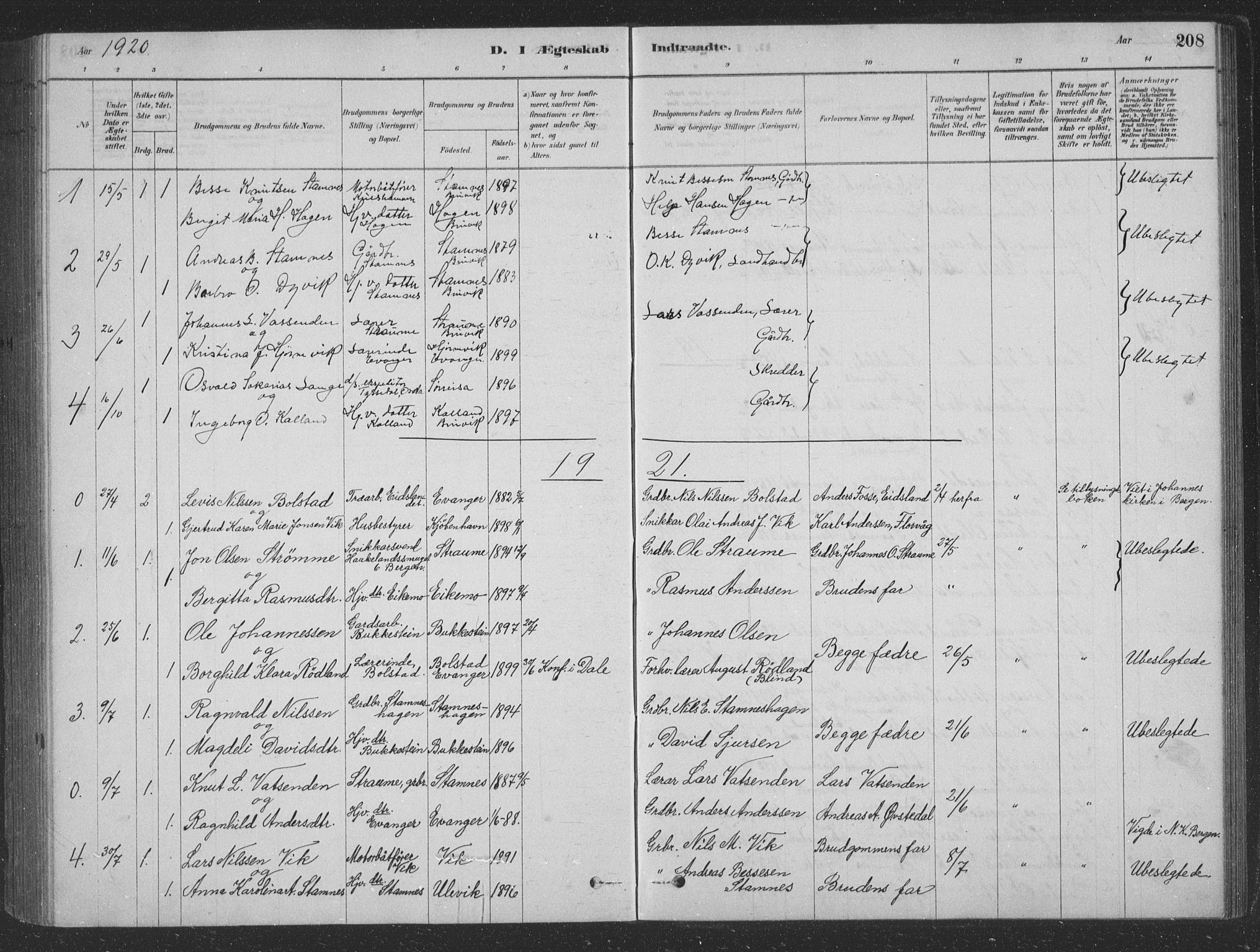 Vaksdal Sokneprestembete, SAB/A-78901/H/Hab: Parish register (copy) no. D 1, 1878-1939, p. 208