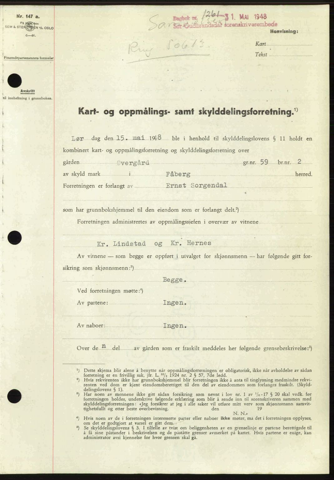Sør-Gudbrandsdal tingrett, SAH/TING-004/H/Hb/Hbd/L0022: Mortgage book no. A22, 1948-1948, Diary no: : 1261/1948