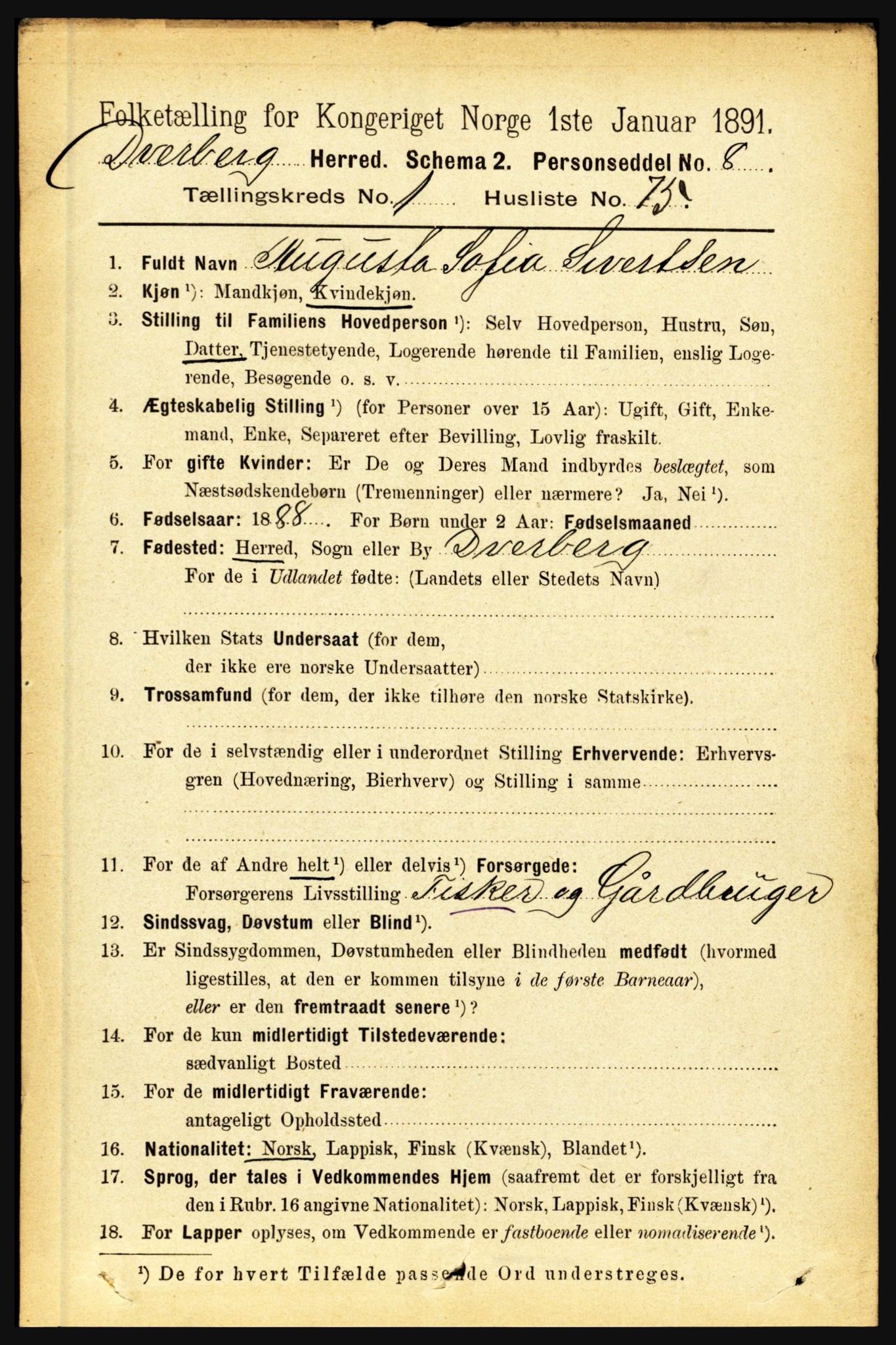 RA, 1891 census for 1872 Dverberg, 1891, p. 576