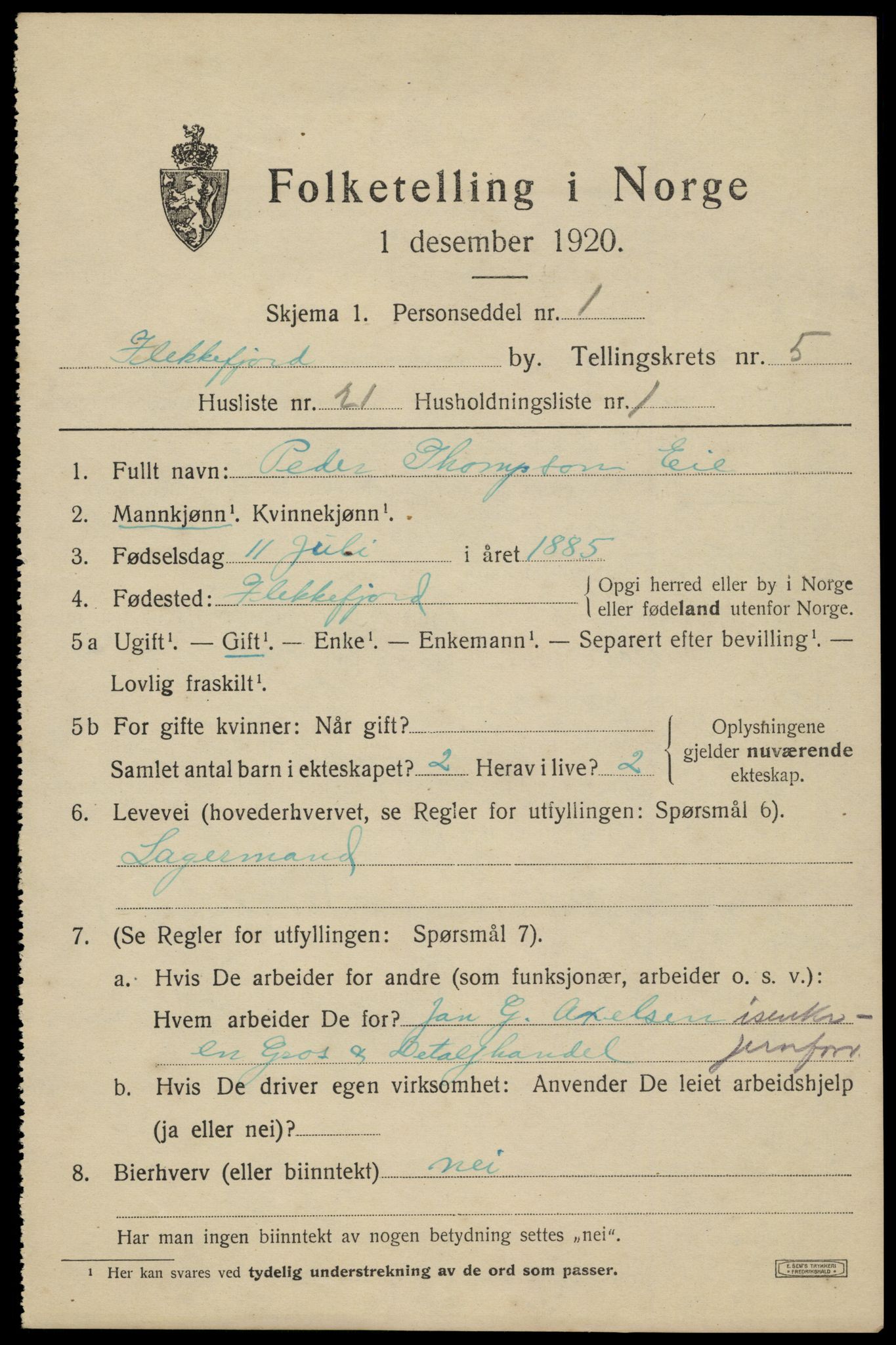 SAK, 1920 census for Flekkefjord, 1920, p. 5472